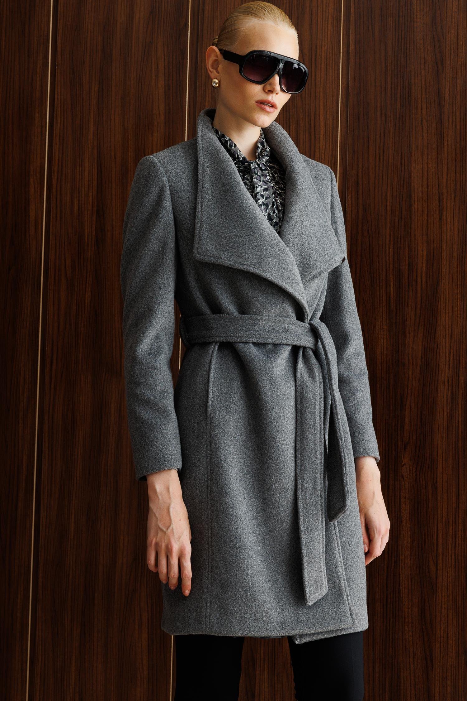 Modailgi  Kruvaze Kapamalı Yandan Kuşaklı Devrik Yaka Kaban Gri