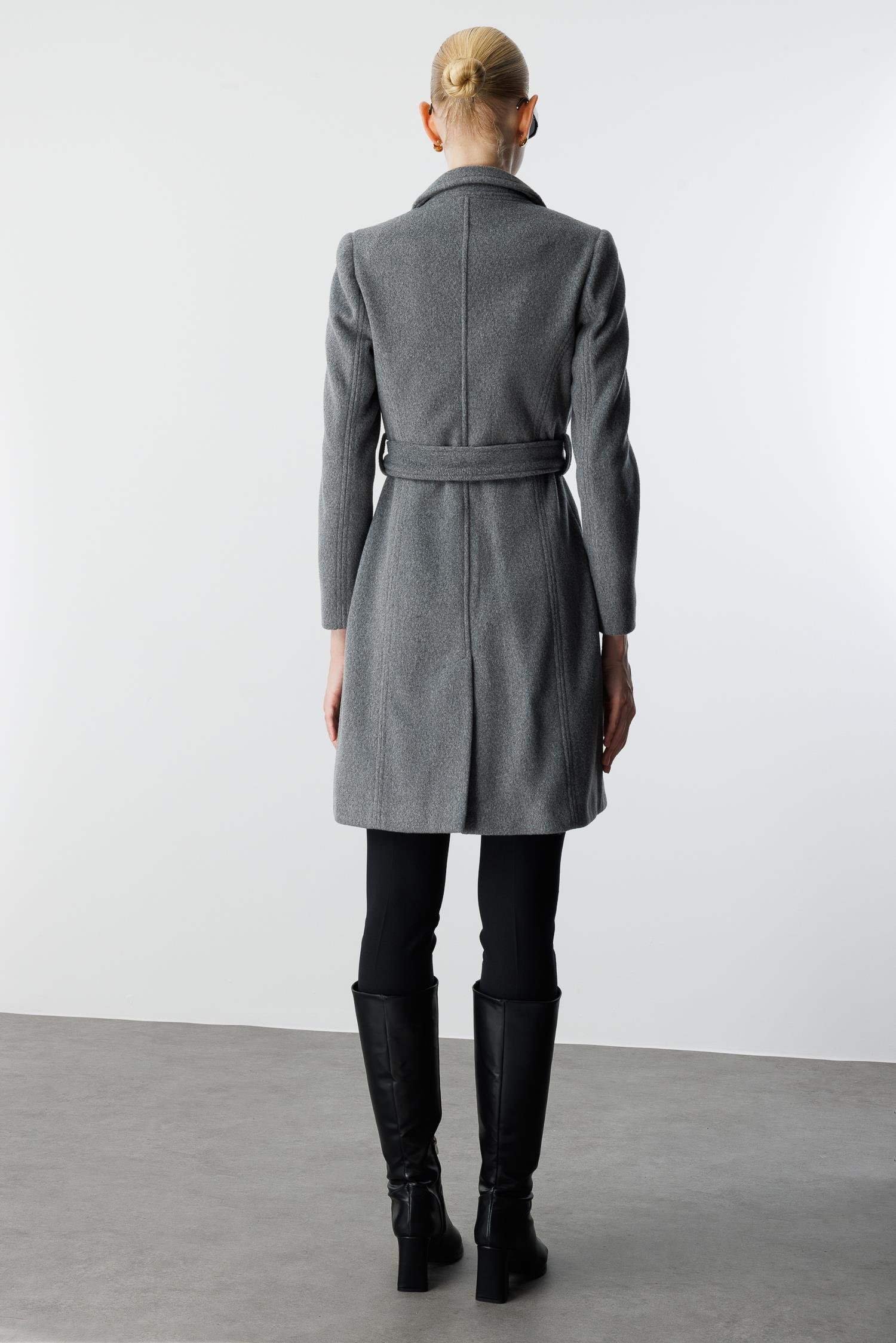 Modailgi  Kruvaze Kapamalı Yandan Kuşaklı Devrik Yaka Kaban Gri