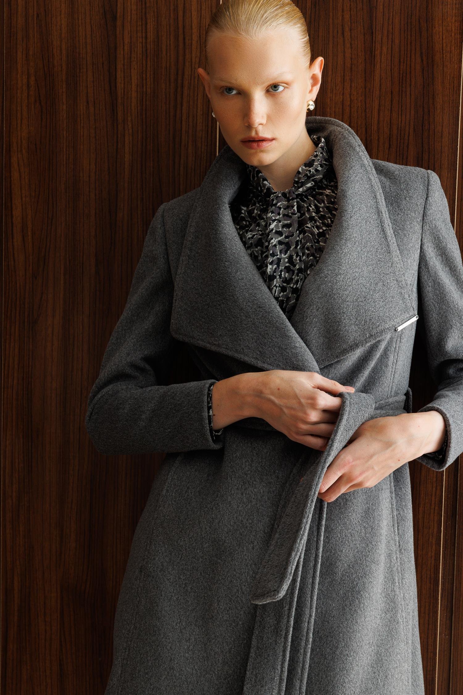 Modailgi  Kruvaze Kapamalı Yandan Kuşaklı Devrik Yaka Kaban Gri