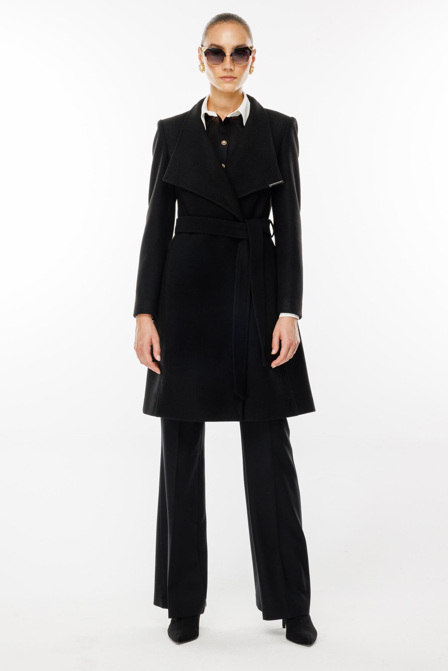 Modailgi  Kruvaze Kapamalı Yandan Kuşaklı Devrik Yaka Kaban Siyah