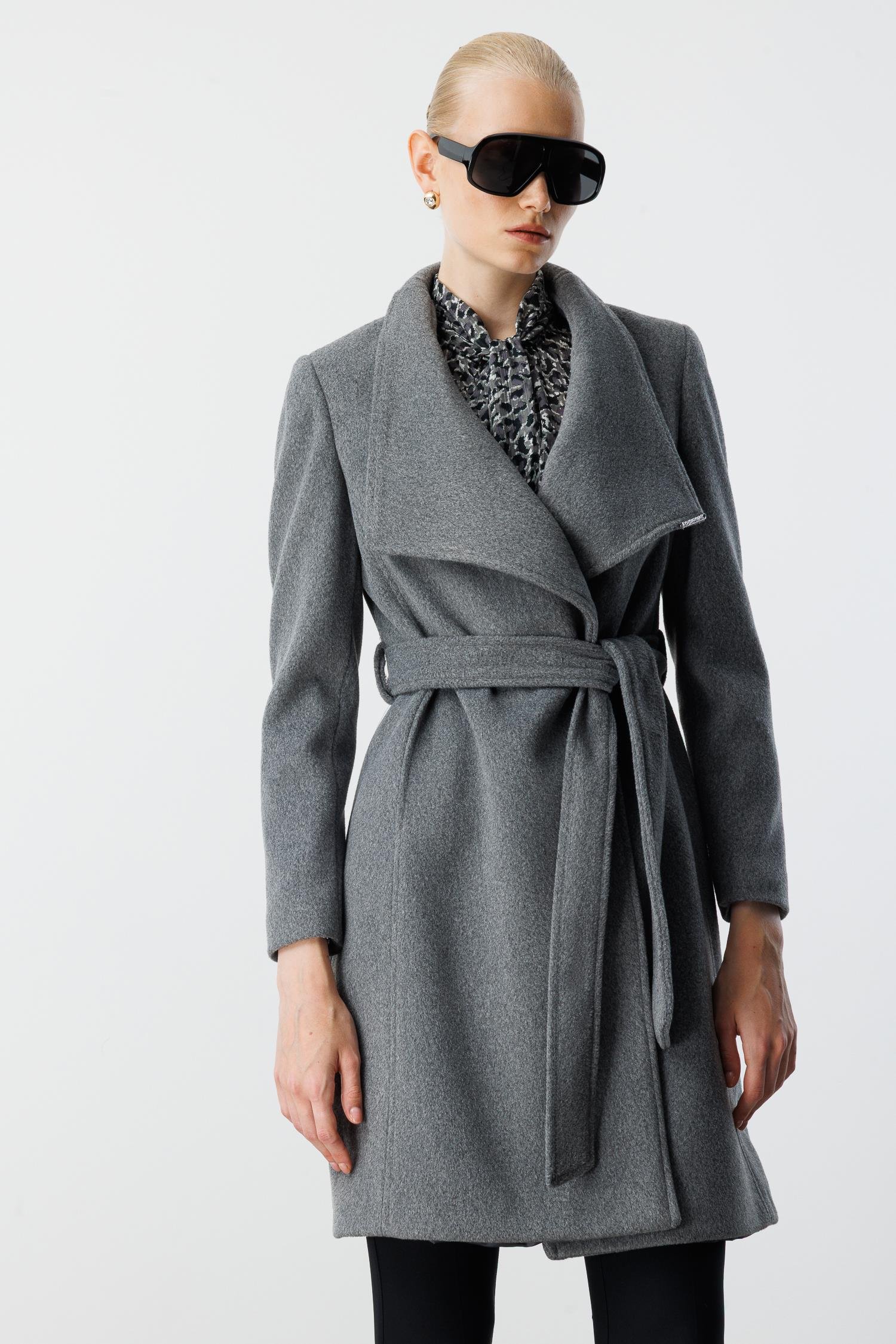 Modailgi  Kruvaze Kapamalı Yandan Kuşaklı Devrik Yaka Kaban Gri