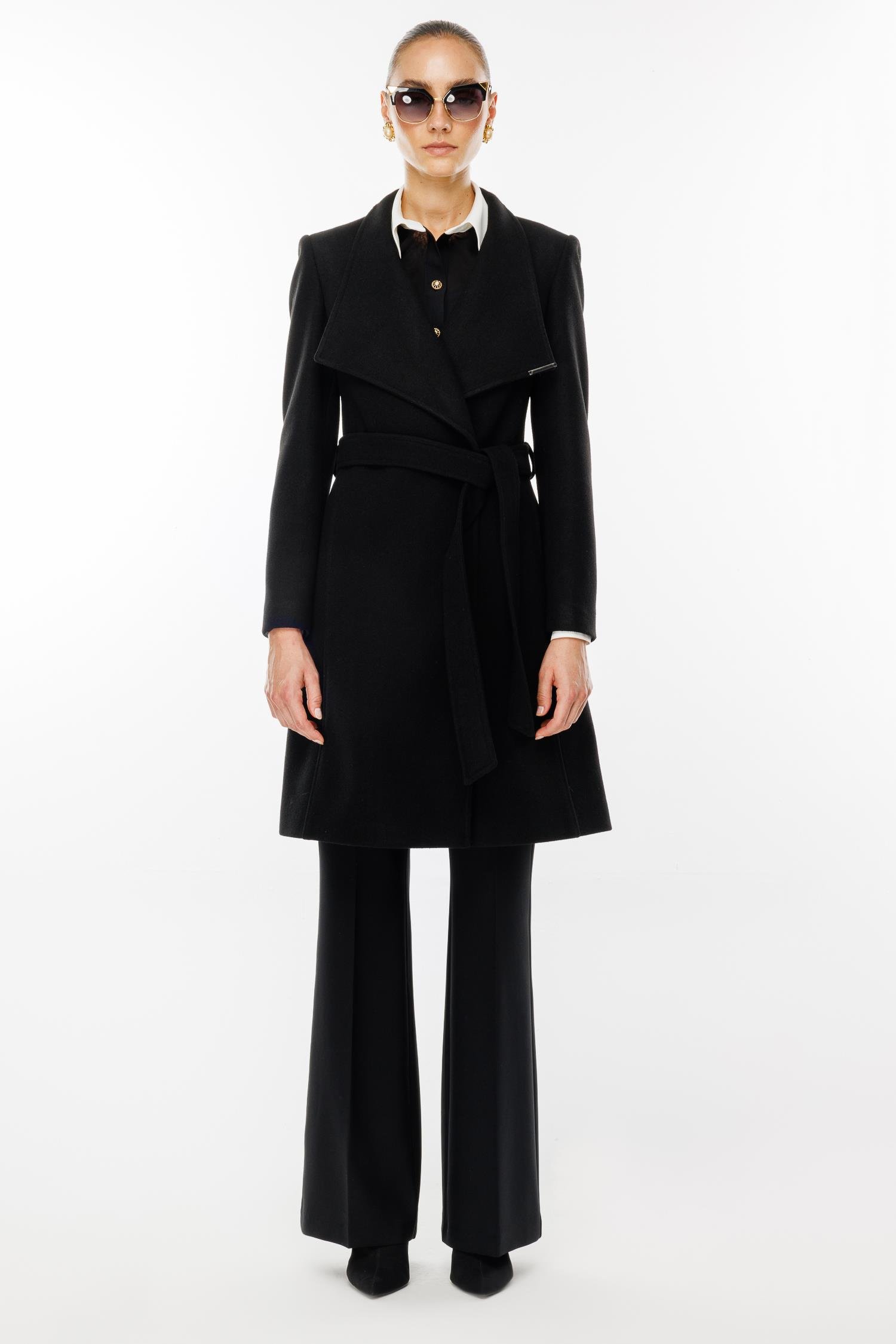 Modailgi  Kruvaze Kapamalı Yandan Kuşaklı Devrik Yaka Kaban Siyah