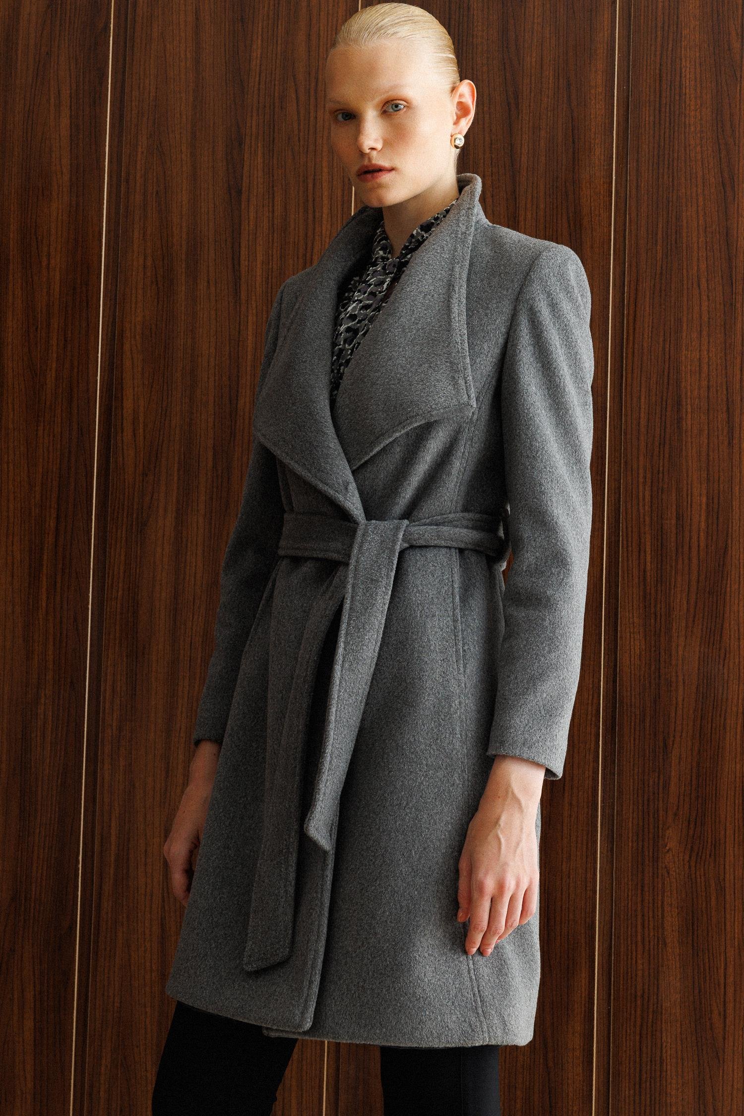 Modailgi  Kruvaze Kapamalı Yandan Kuşaklı Devrik Yaka Kaban Gri