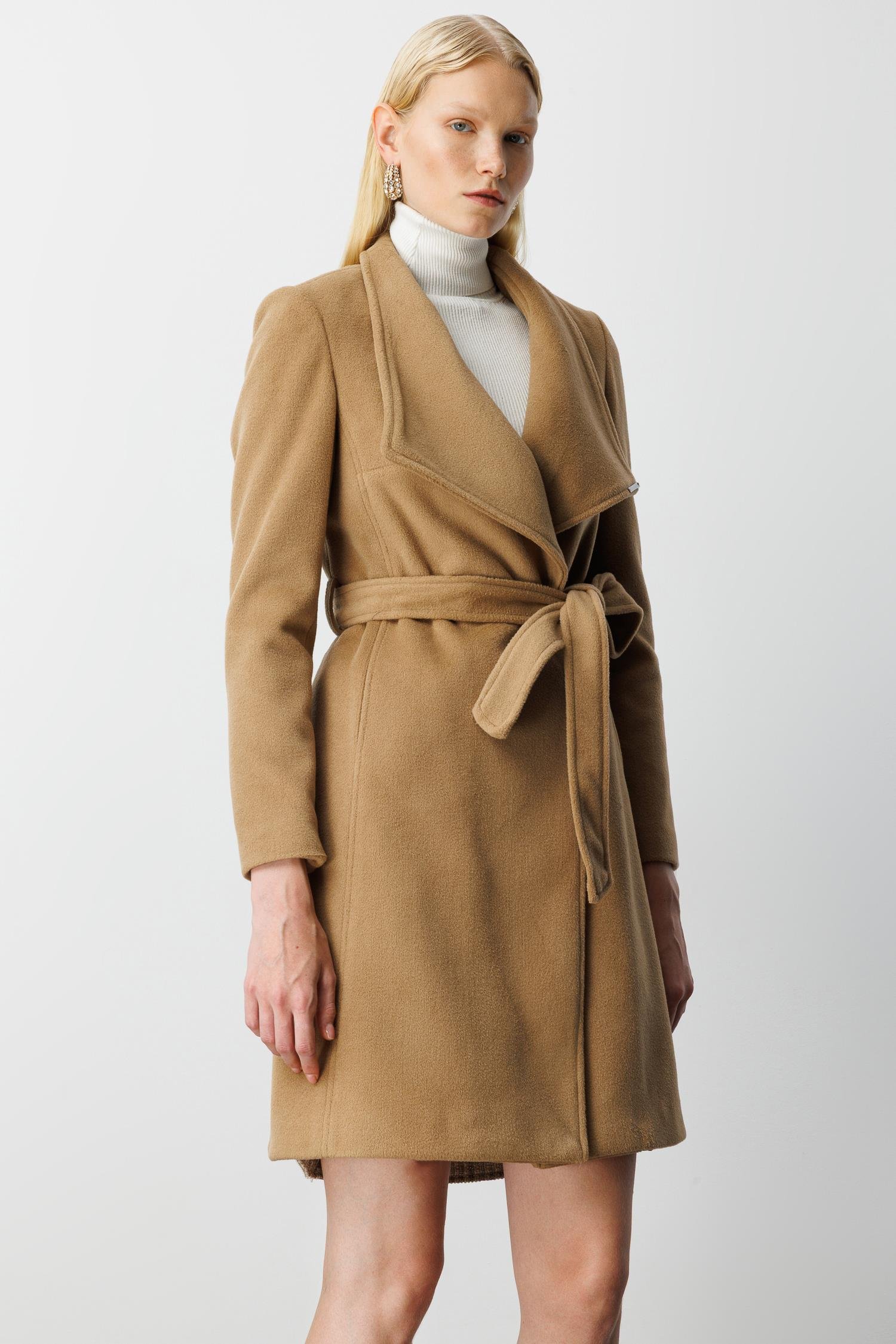 Modailgi  Kruvaze Kapamalı Yandan Kuşaklı Devrik Yaka Kaban Camel