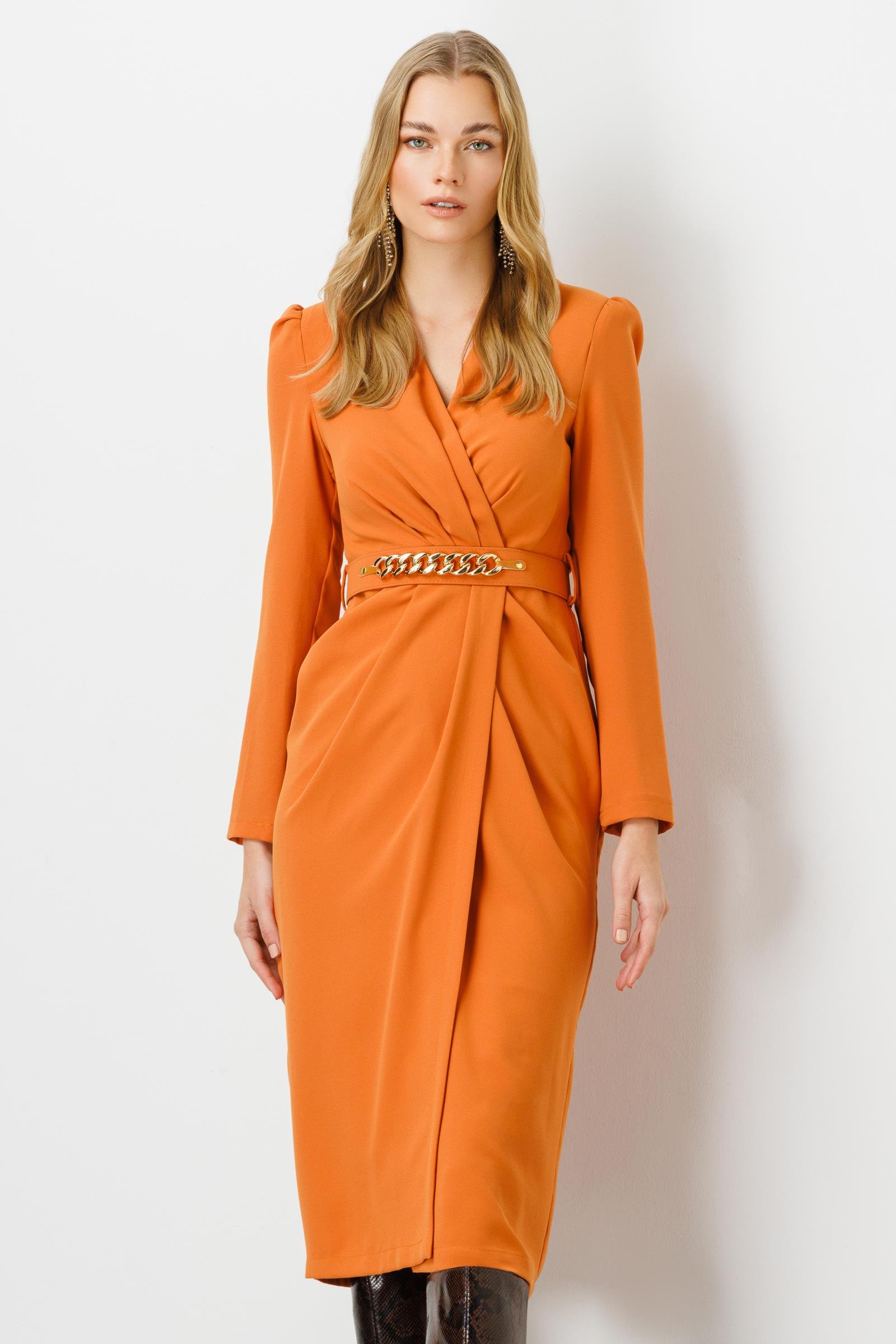 Modailgi  Kruvaze Kemerli Midi Boy Elbise Orange