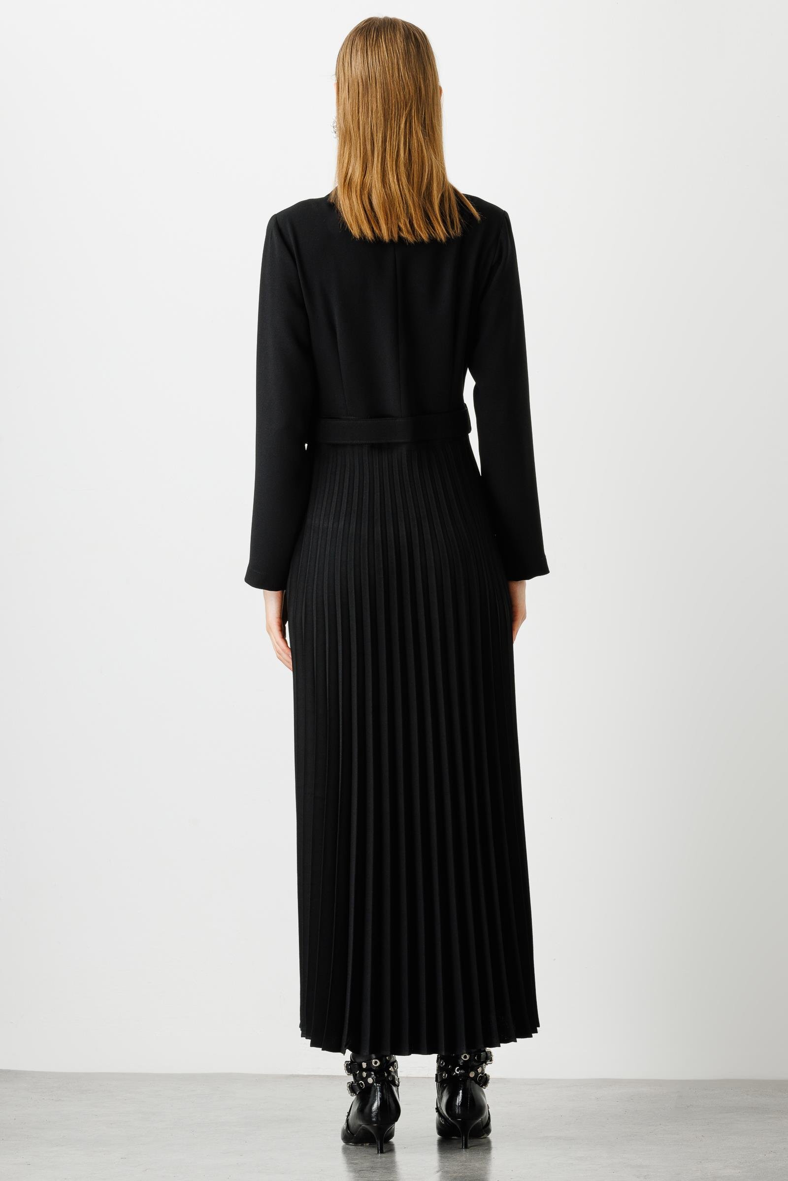 Modailgi  Kruvaze Kemerli Pilisoley Elbise Siyah