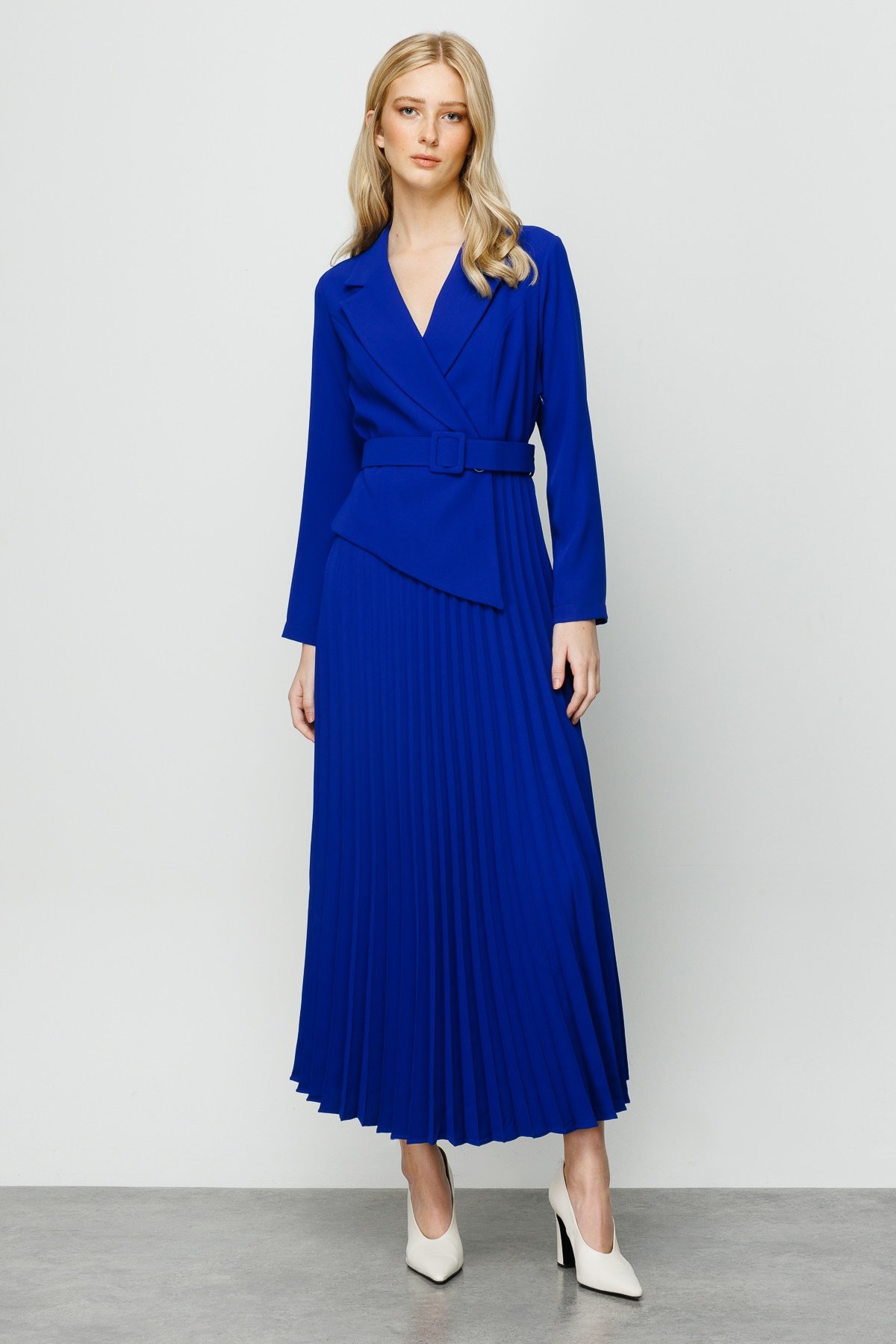 Modailgi  Kruvaze Kemerli Pilisoley Elbise Saks