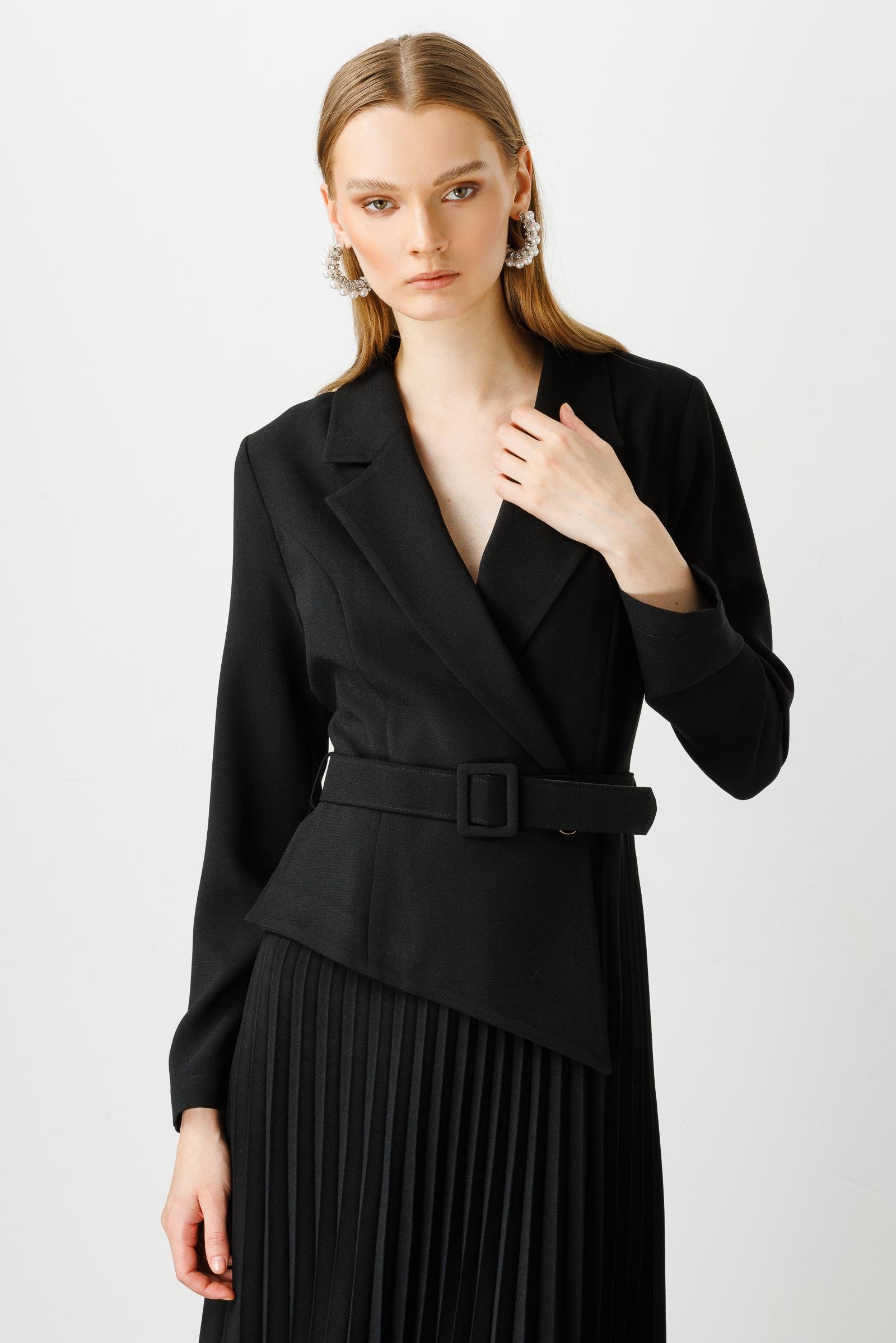 Modailgi  Kruvaze Kemerli Pilisoley Elbise Siyah