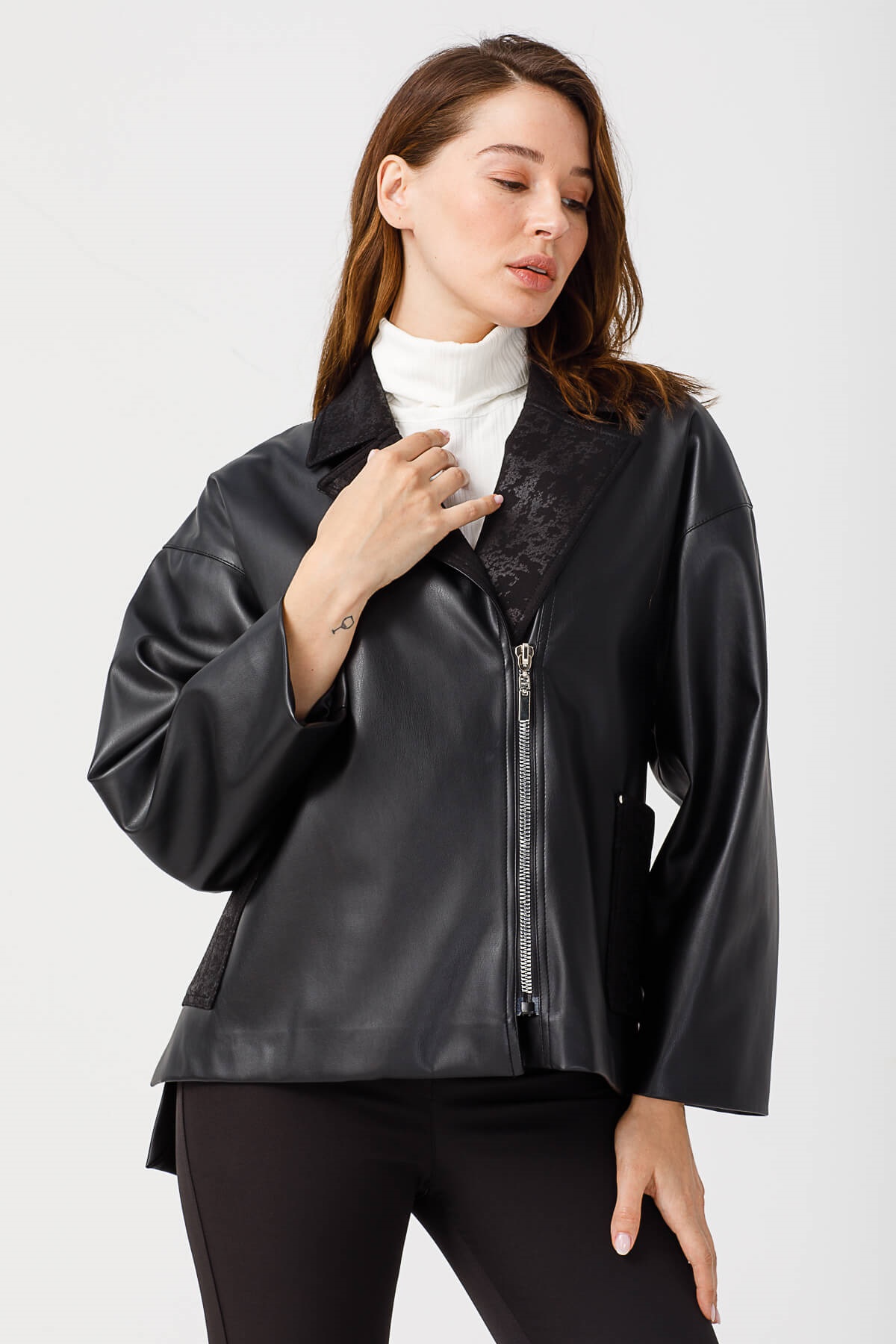 Modailgi  Kruvaze Oversize Deri Mont Siyah