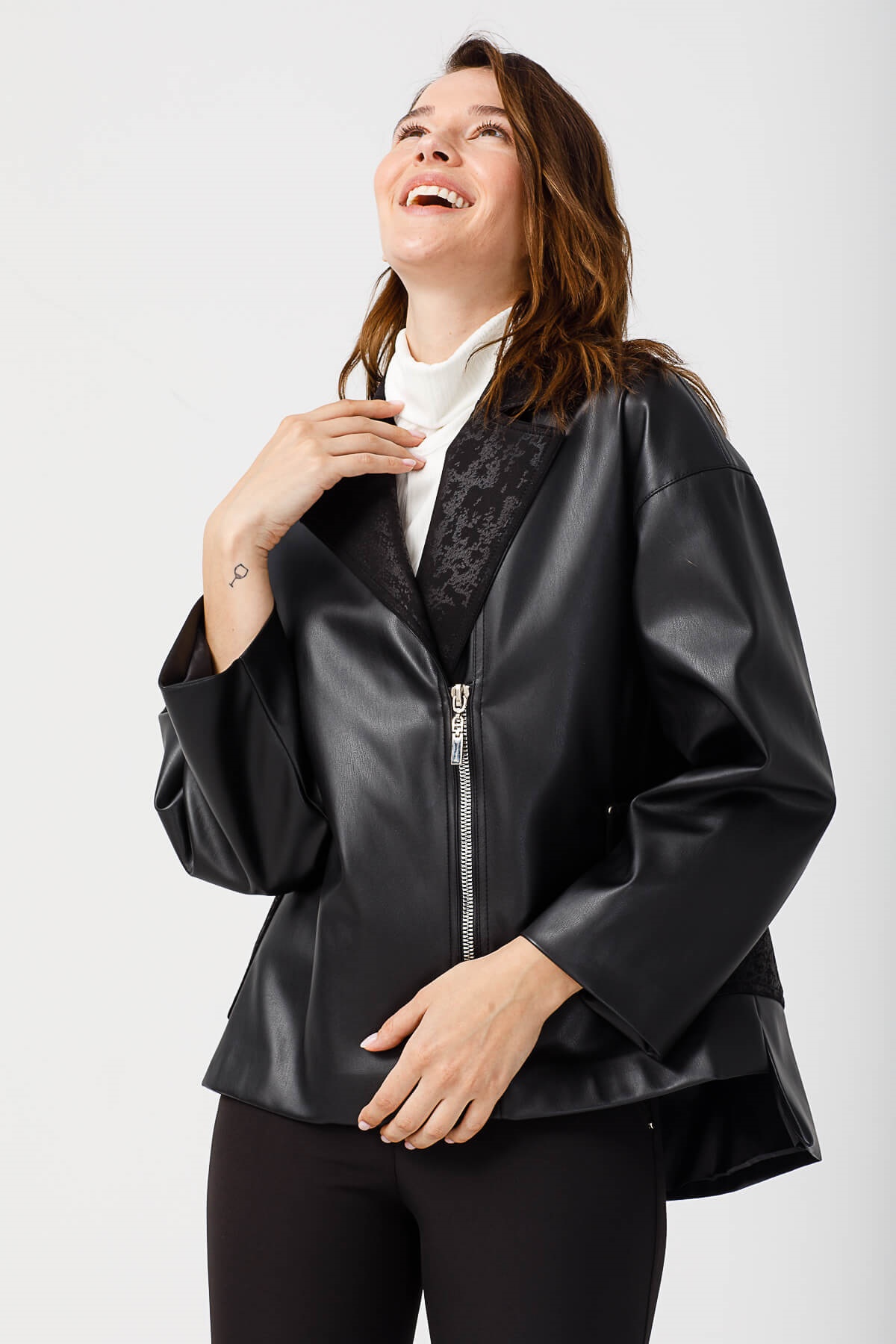 Modailgi  Kruvaze Oversize Deri Mont Siyah