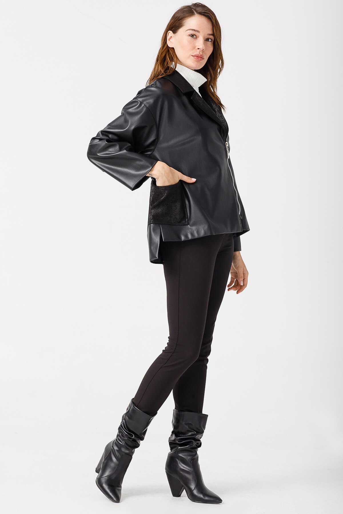 Modailgi  Kruvaze Oversize Deri Mont Siyah