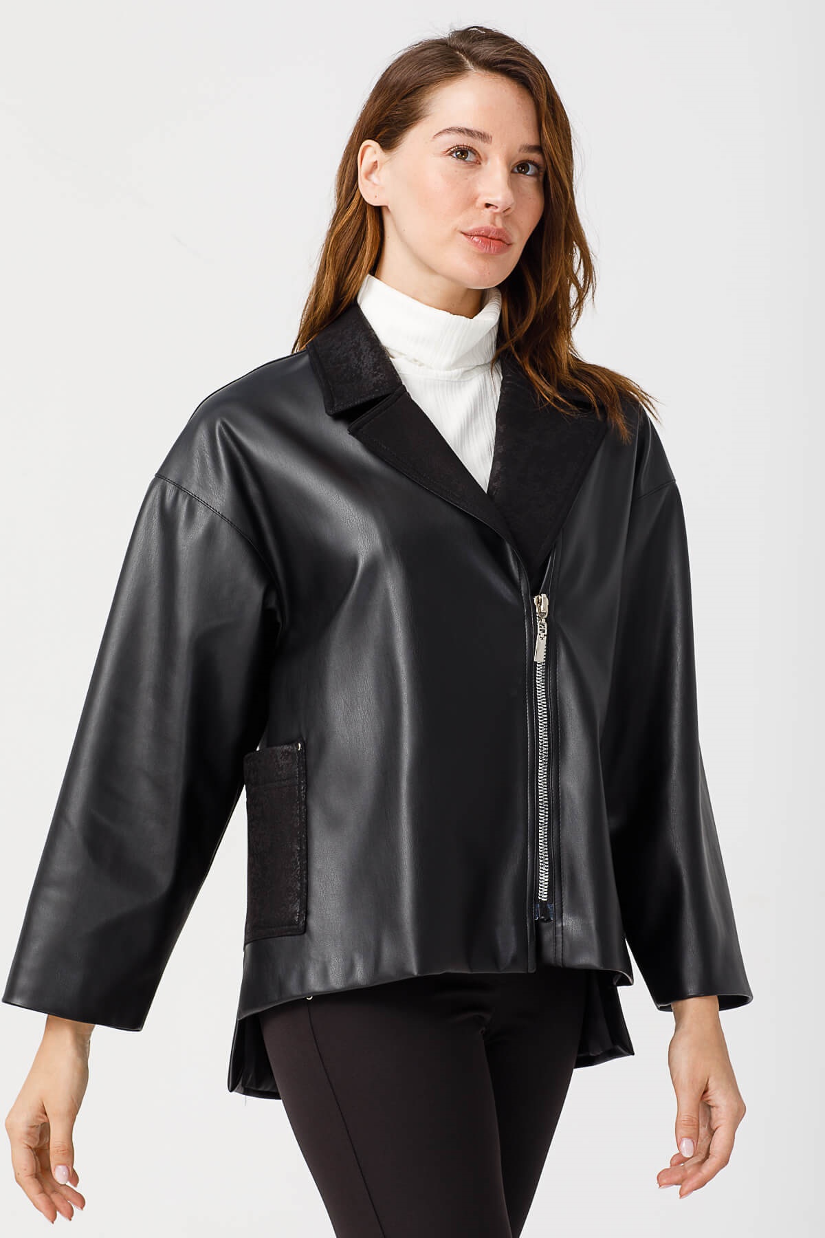 Modailgi  Kruvaze Oversize Deri Mont Siyah