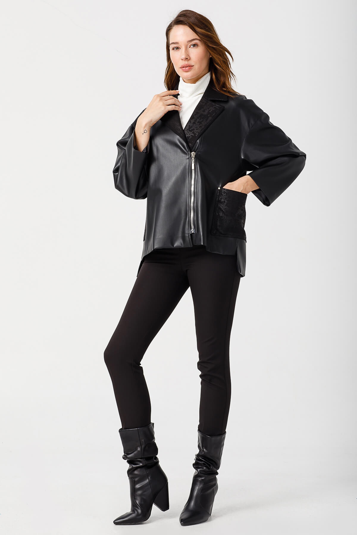 Modailgi  Kruvaze Oversize Deri Mont Siyah