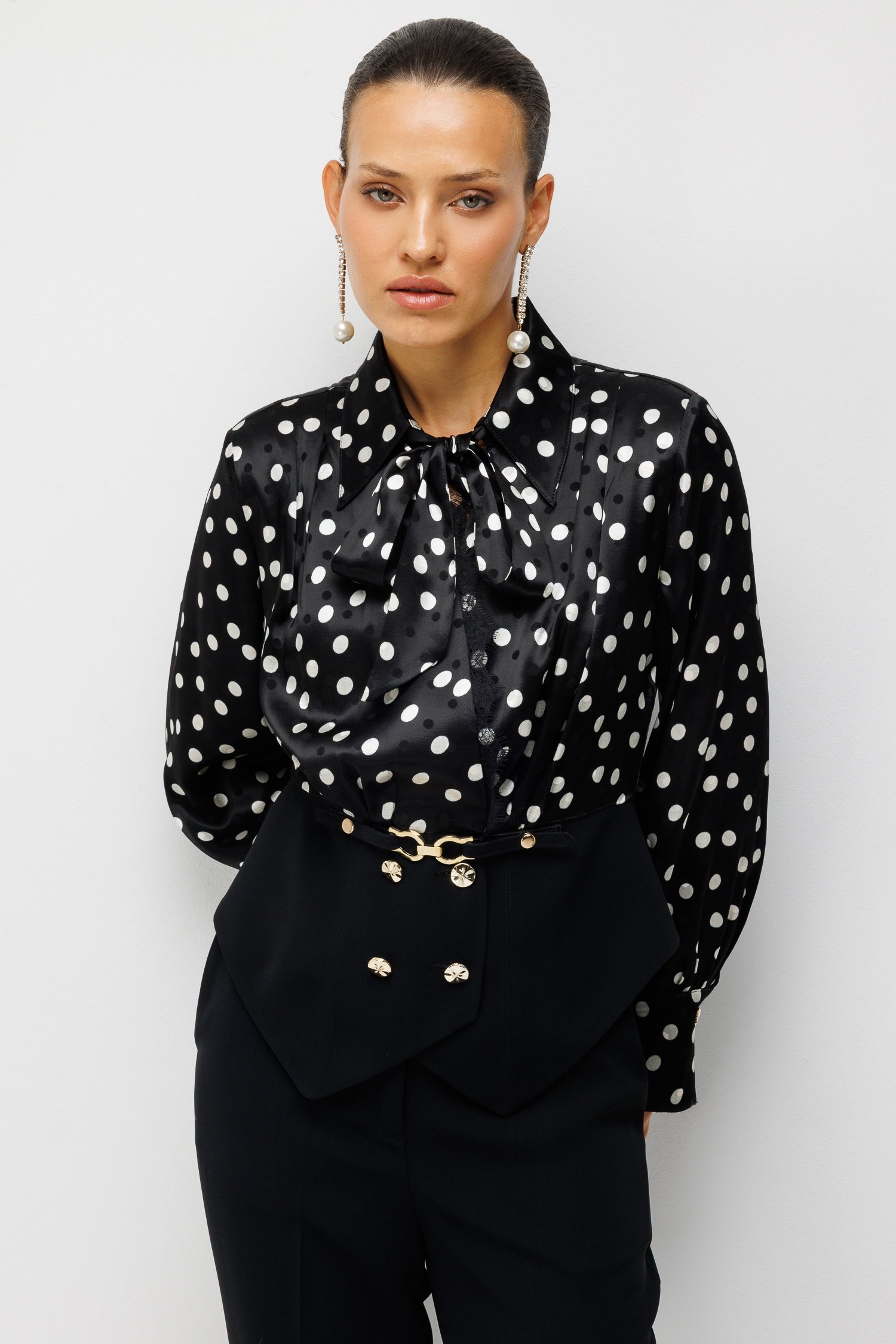 Modailgi  Kruvaze Puantiye Desen Bluz - 40222 Siyah