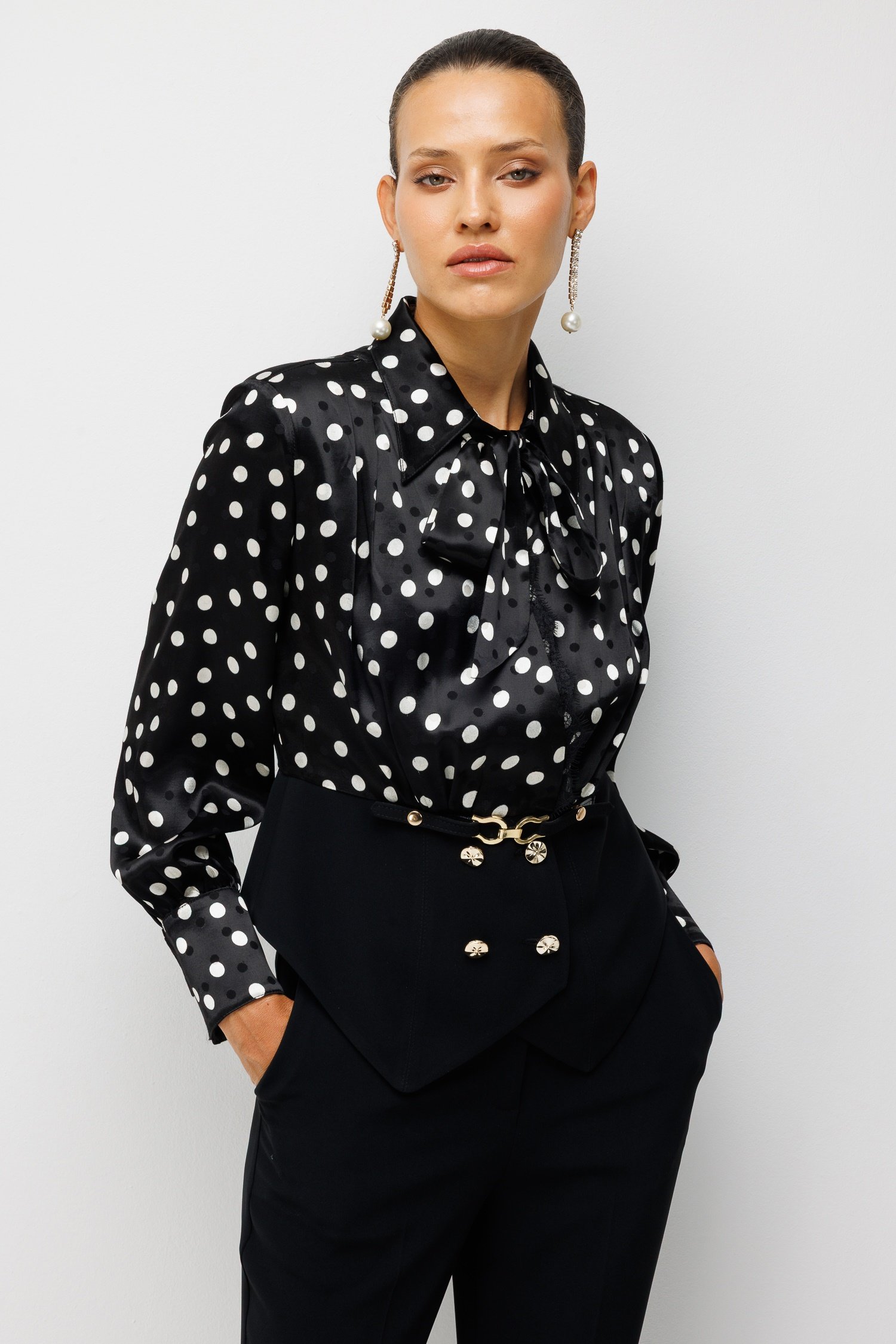 Modailgi  Kruvaze Puantiye Desen Bluz - 40222 Siyah