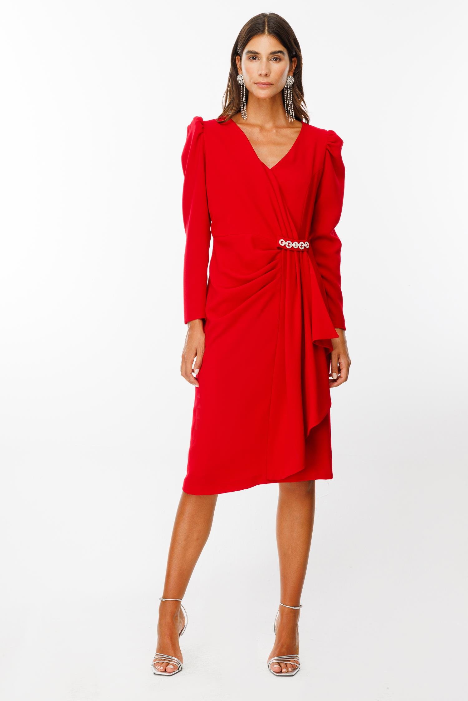 Modailgi  Kruvaze Volan Detaylı Elbise Kırmızı