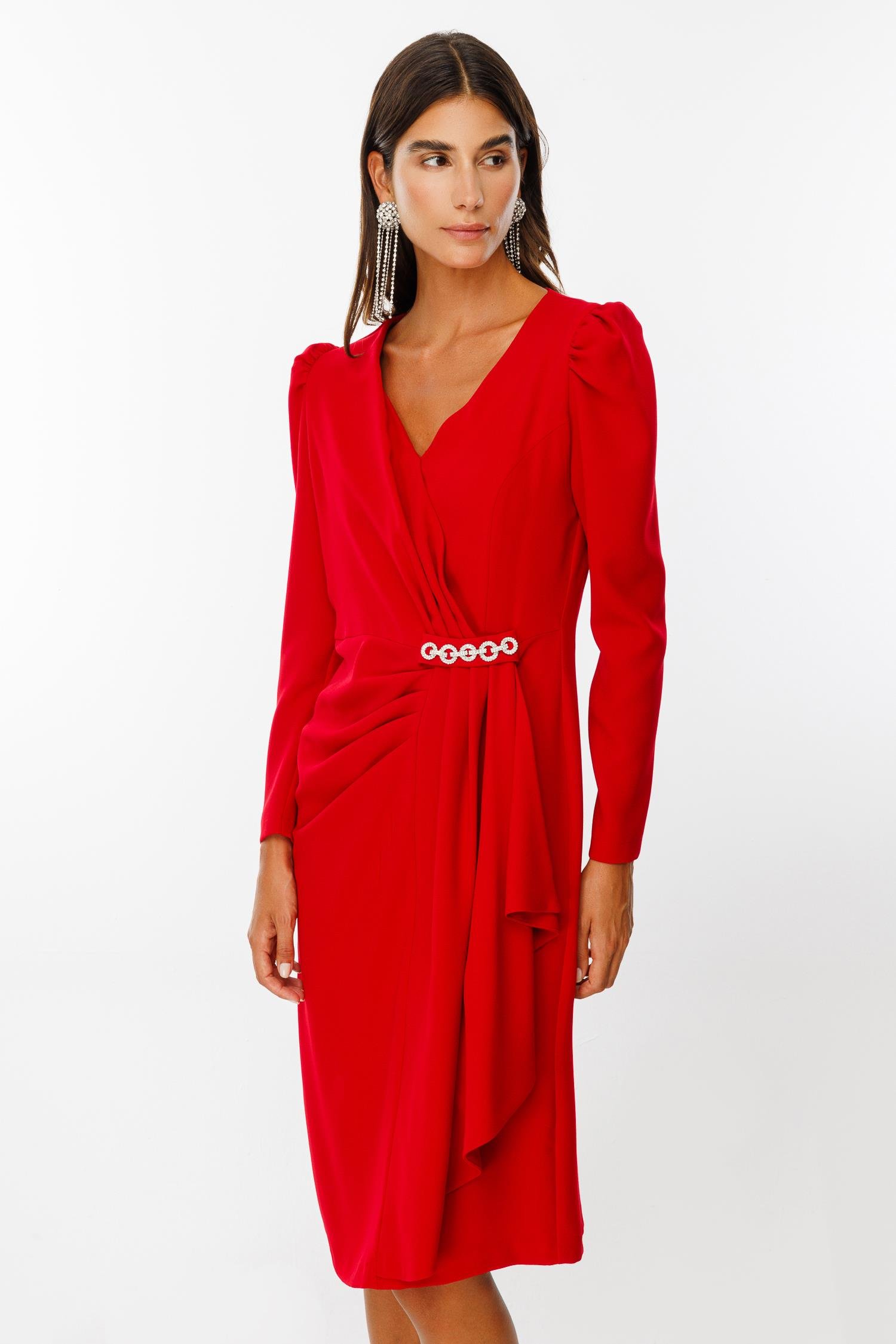 Modailgi  Kruvaze Volan Detaylı Elbise Kırmızı