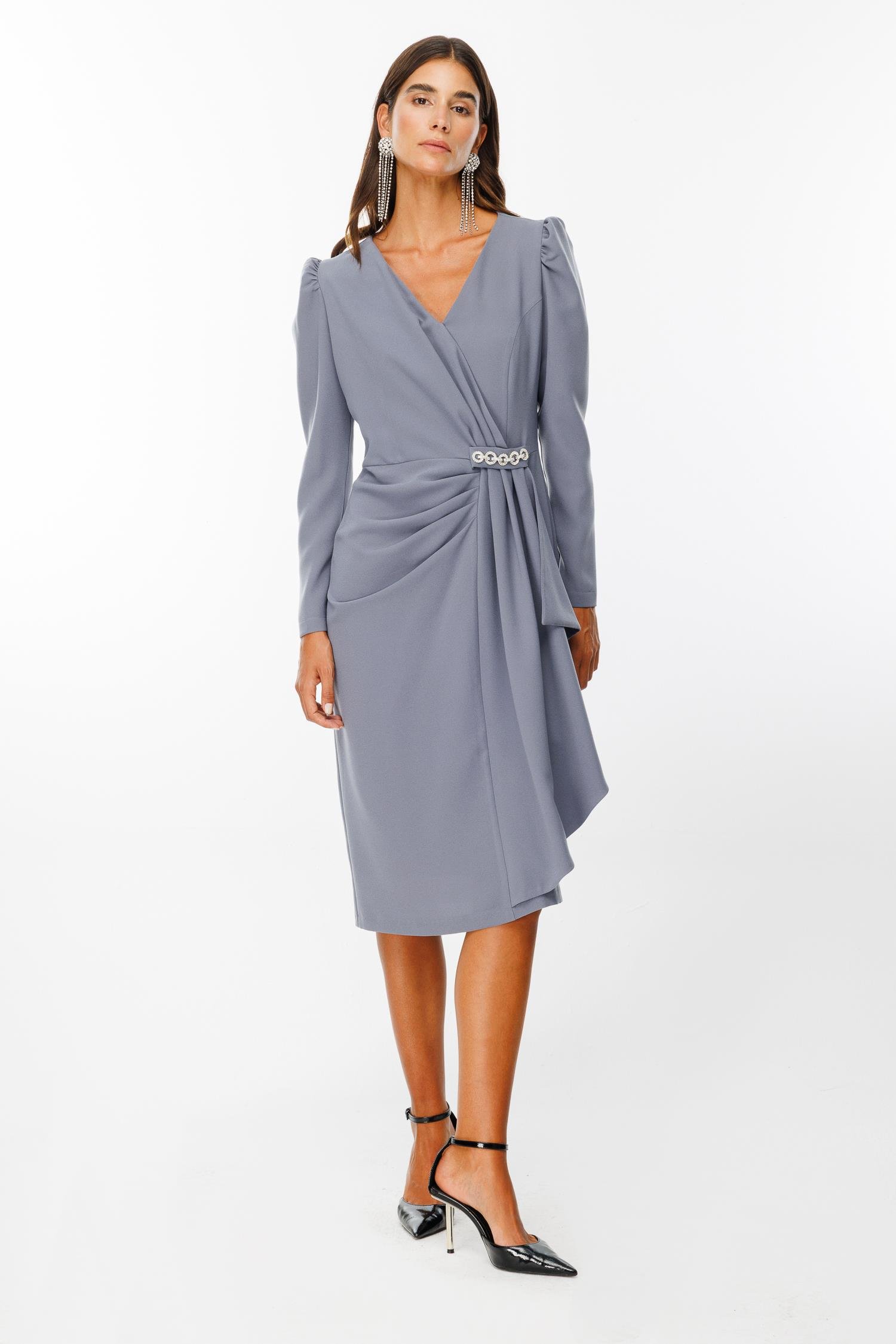 Modailgi  Kruvaze Volan Detaylı Elbise Gri