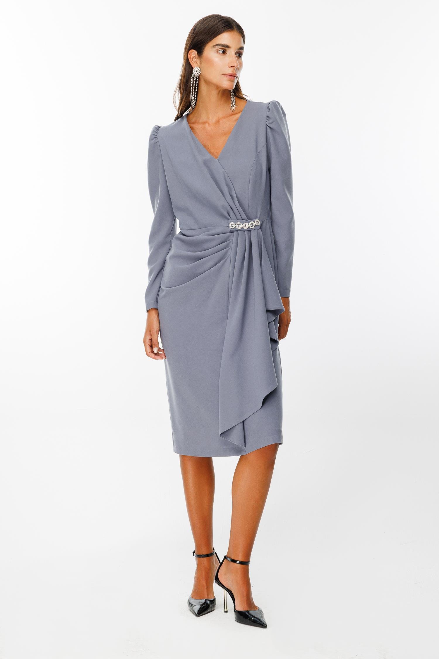 Modailgi  Kruvaze Volan Detaylı Elbise Gri