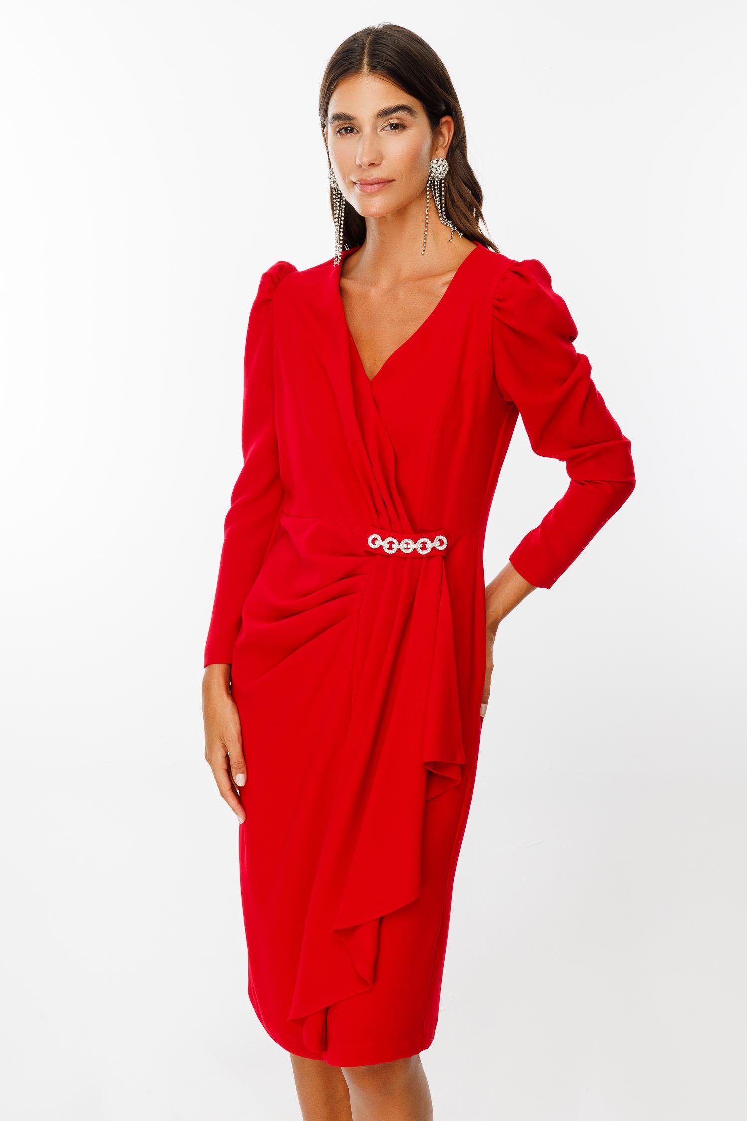 Modailgi  Kruvaze Volan Detaylı Elbise Kırmızı
