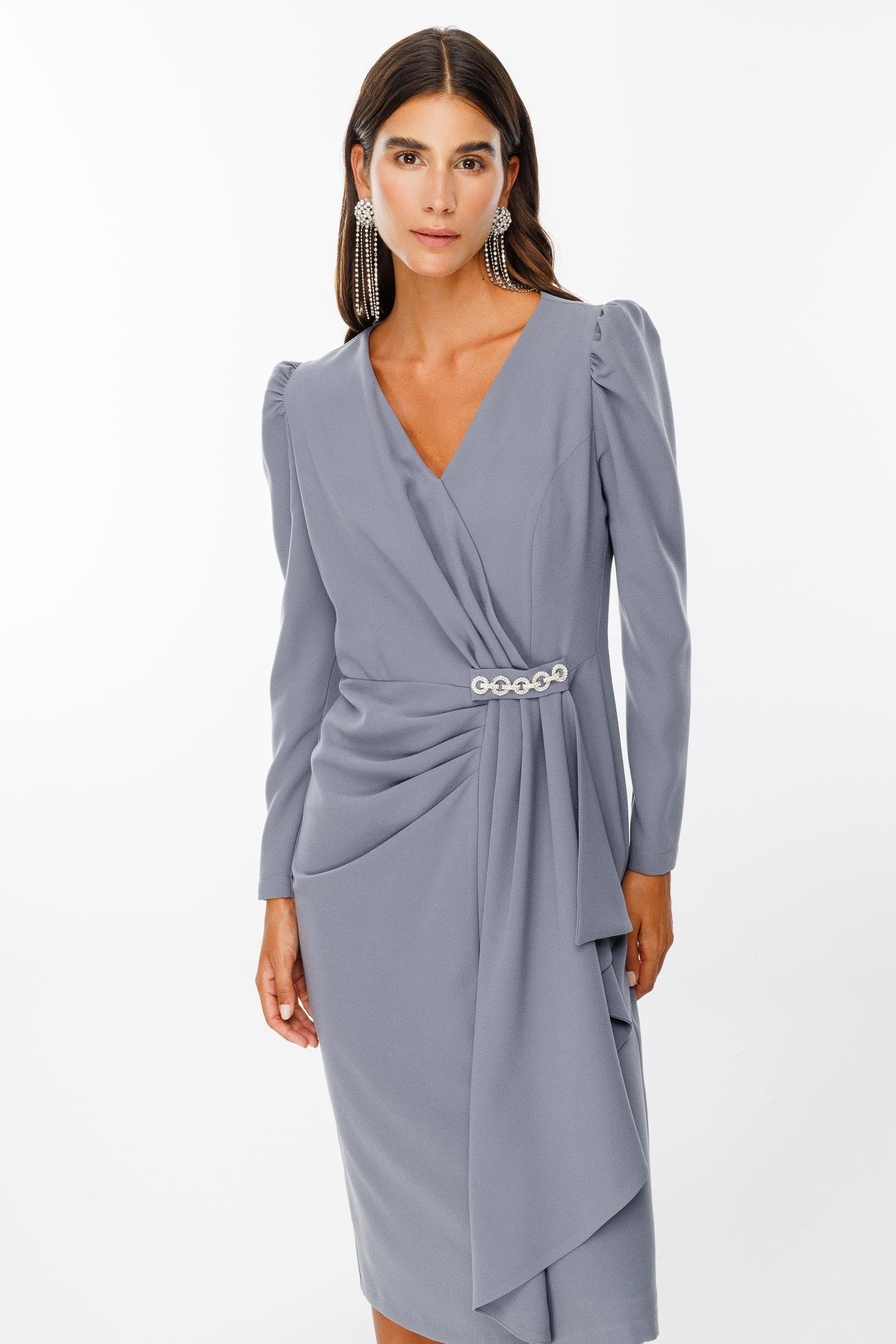 Modailgi  Kruvaze Volan Detaylı Elbise Gri
