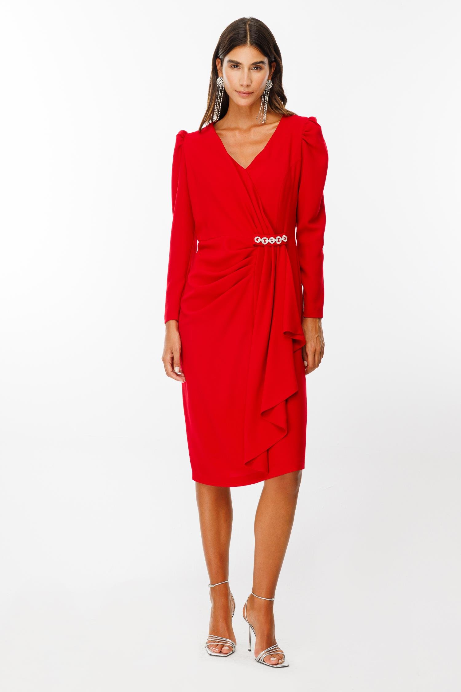 Modailgi  Kruvaze Volan Detaylı Elbise Kırmızı