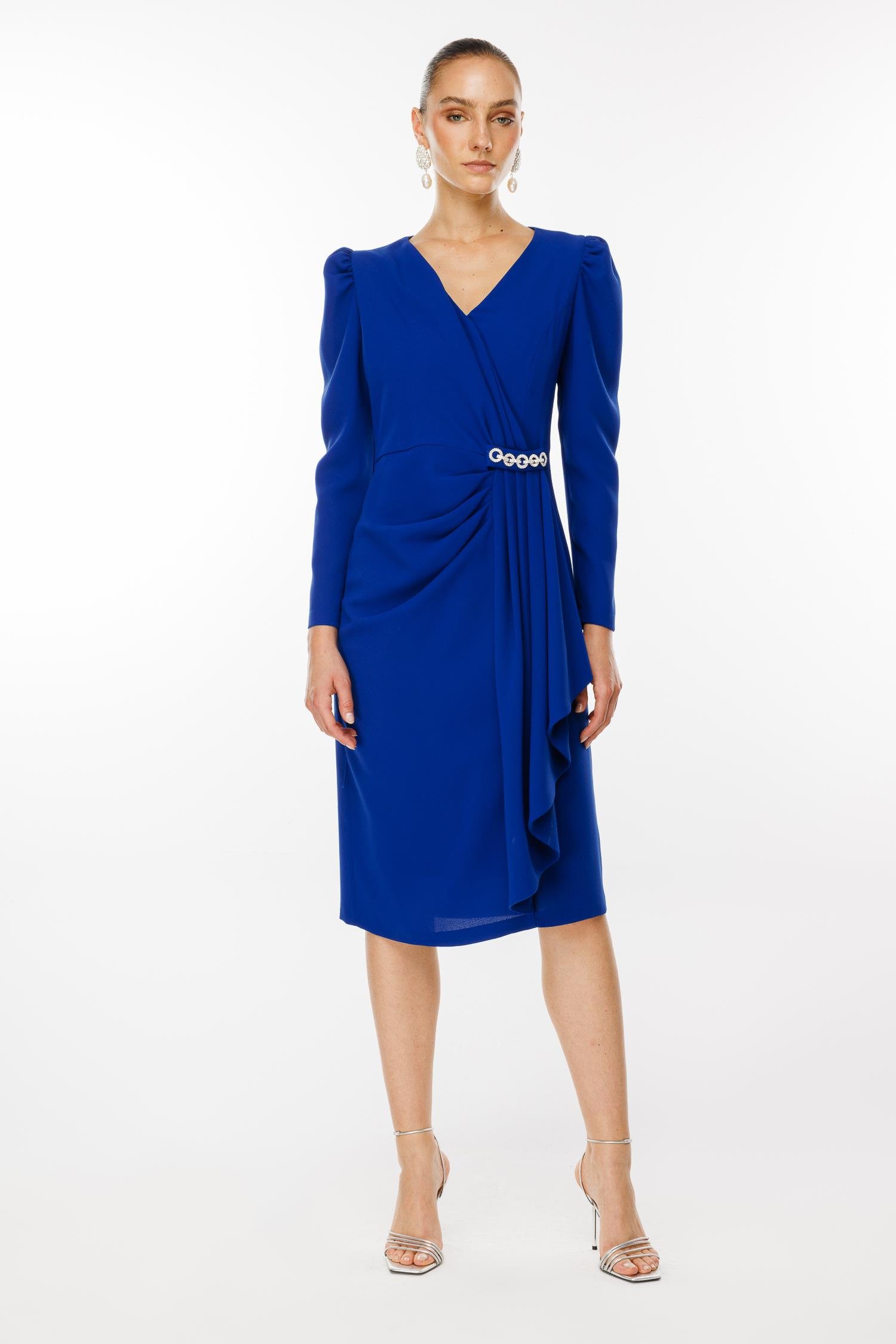 Modailgi  Kruvaze Volan Detaylı Elbise Saks