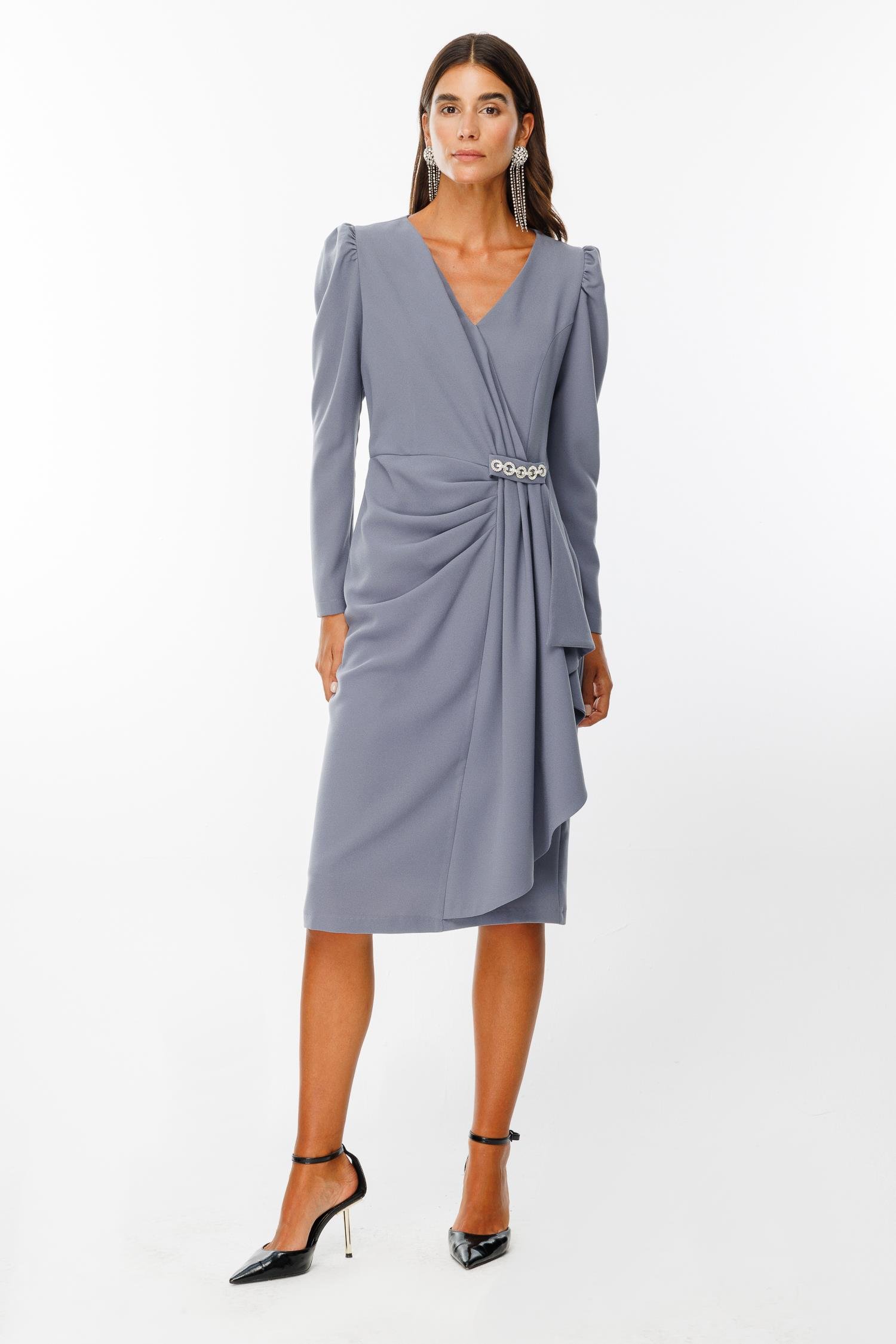 Modailgi  Kruvaze Volan Detaylı Elbise Gri