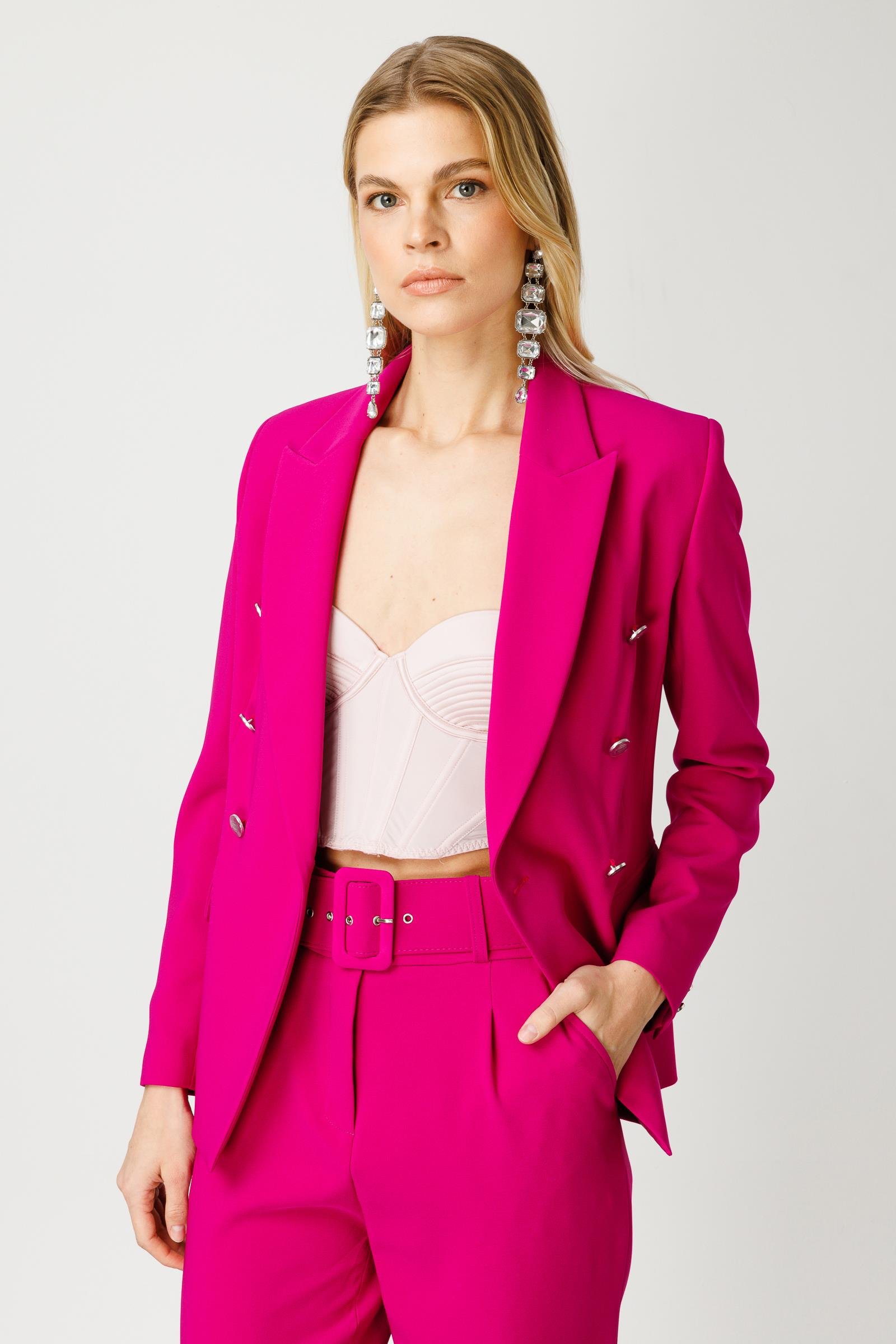 Modailgi  Kruvaze Yarım Astarlı Blazer Ceket Fuşya