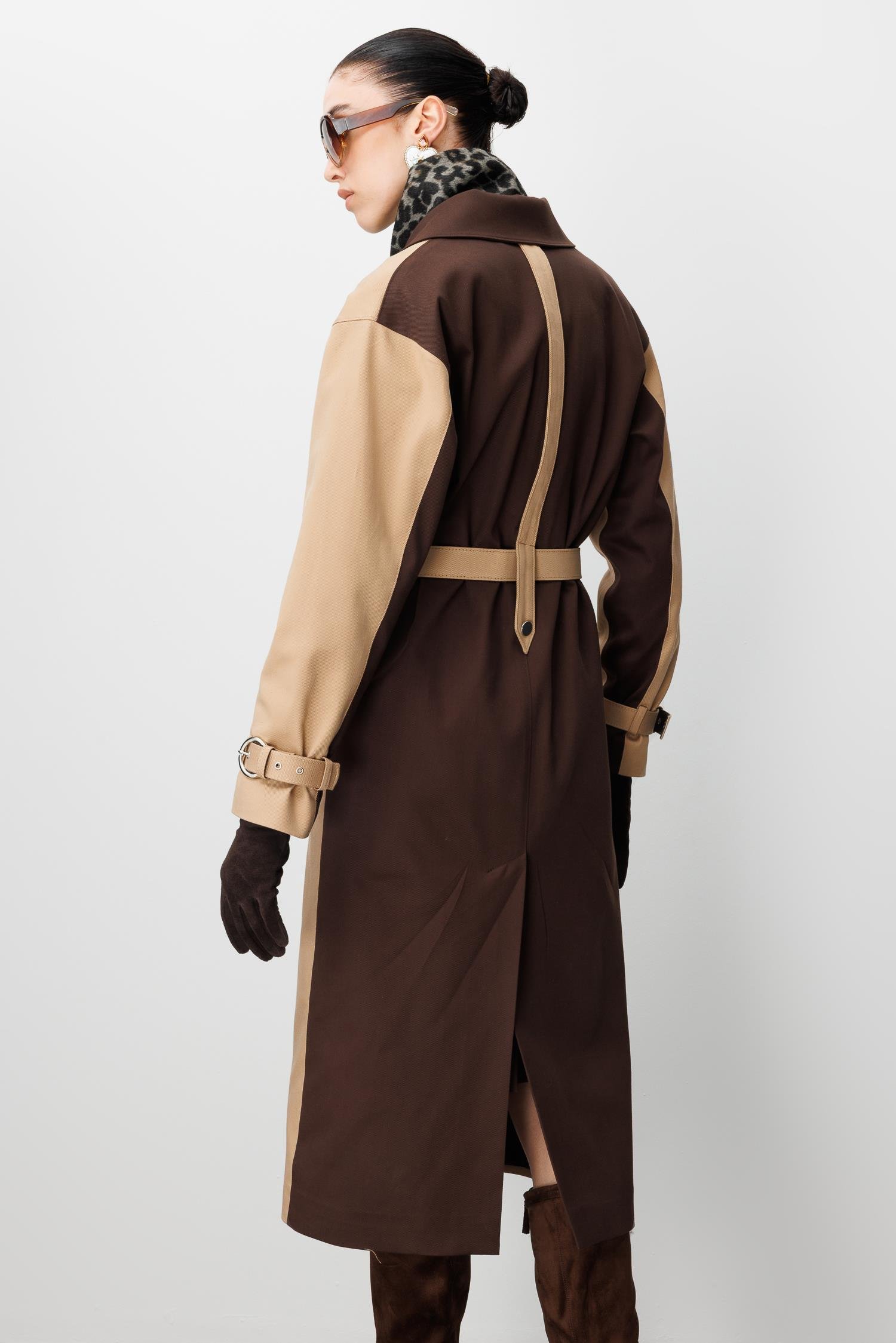 Modailgi  Kumaş Mix Detaylı Kruvaze Kapamalı Kemer Detaylı Oversize Trençkot Camel/Kahve