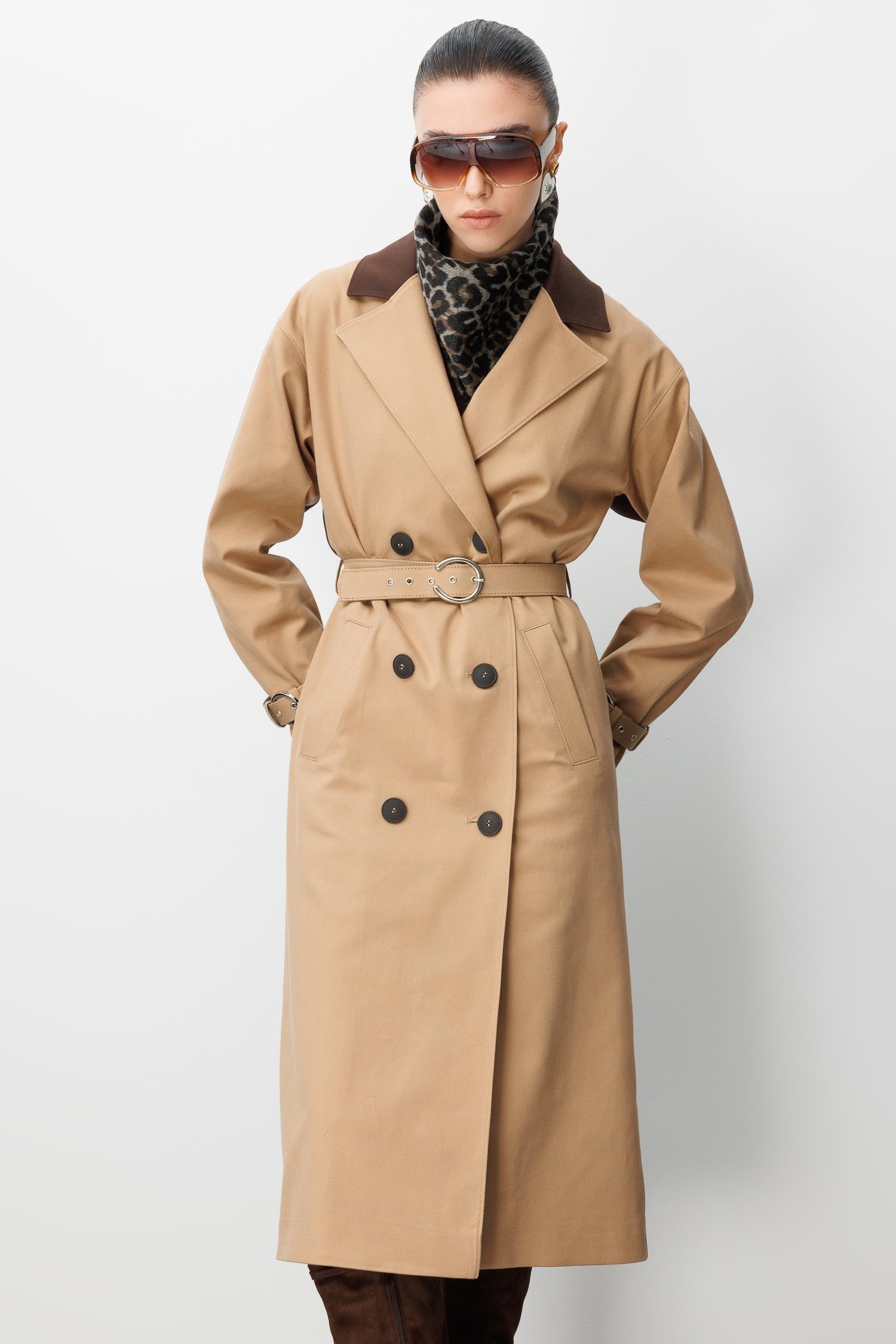 Modailgi  Kumaş Mix Detaylı Kruvaze Kapamalı Kemer Detaylı Oversize Trençkot Camel/Kahve