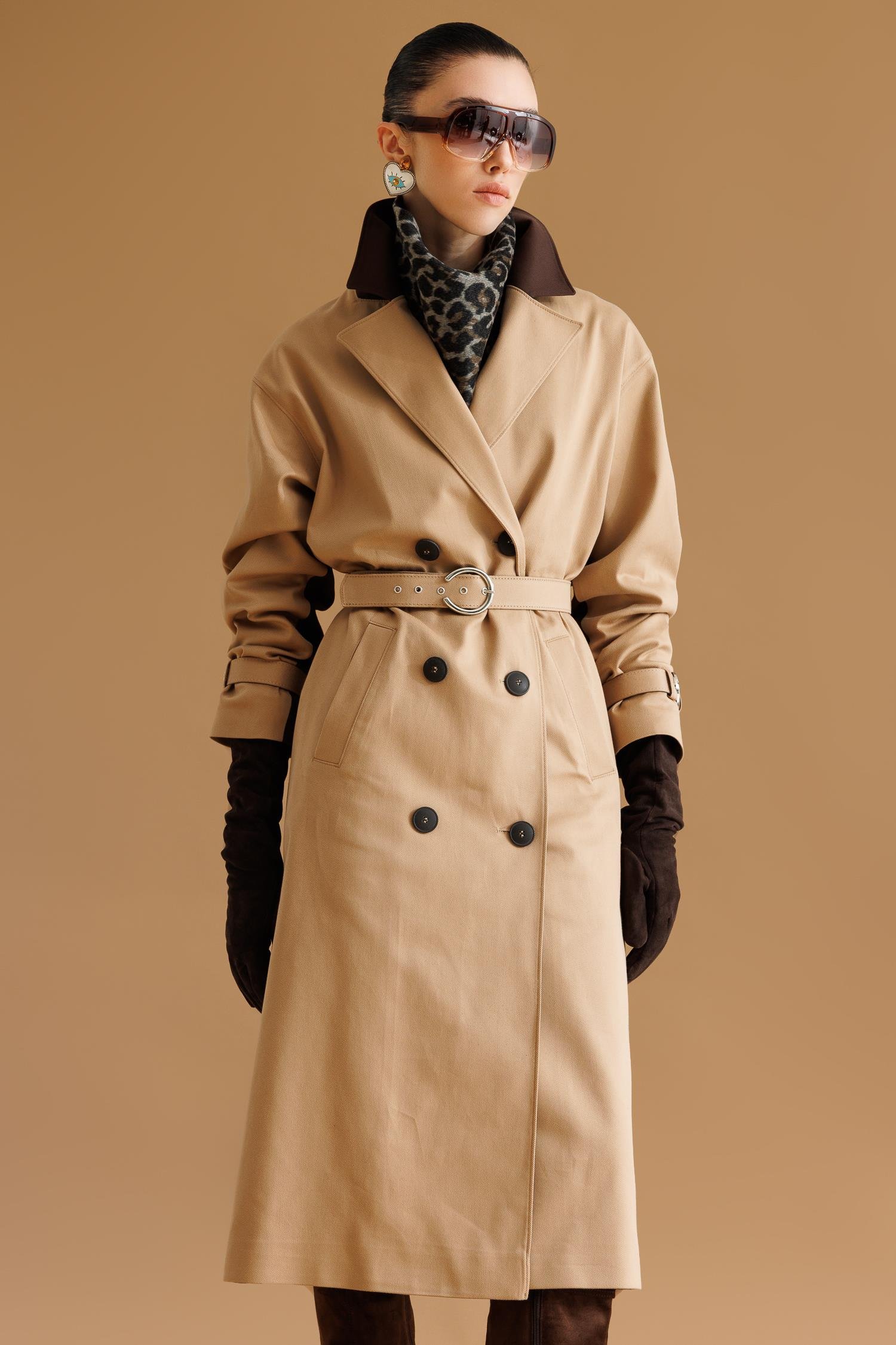 Modailgi  Kumaş Mix Detaylı Kruvaze Kapamalı Kemer Detaylı Oversize Trençkot Camel/Kahve