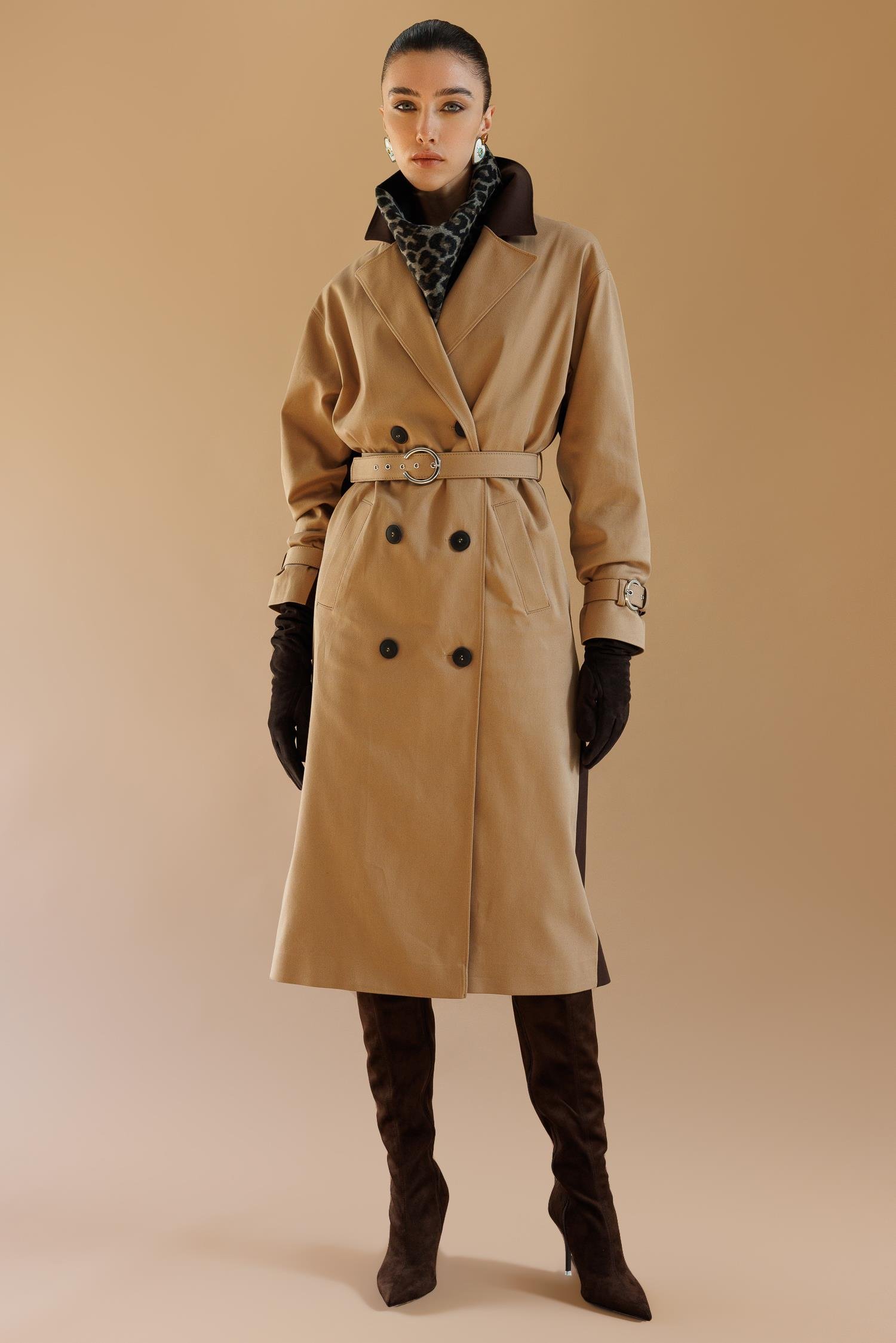 Modailgi  Kumaş Mix Detaylı Kruvaze Kapamalı Kemer Detaylı Oversize Trençkot Camel/Kahve