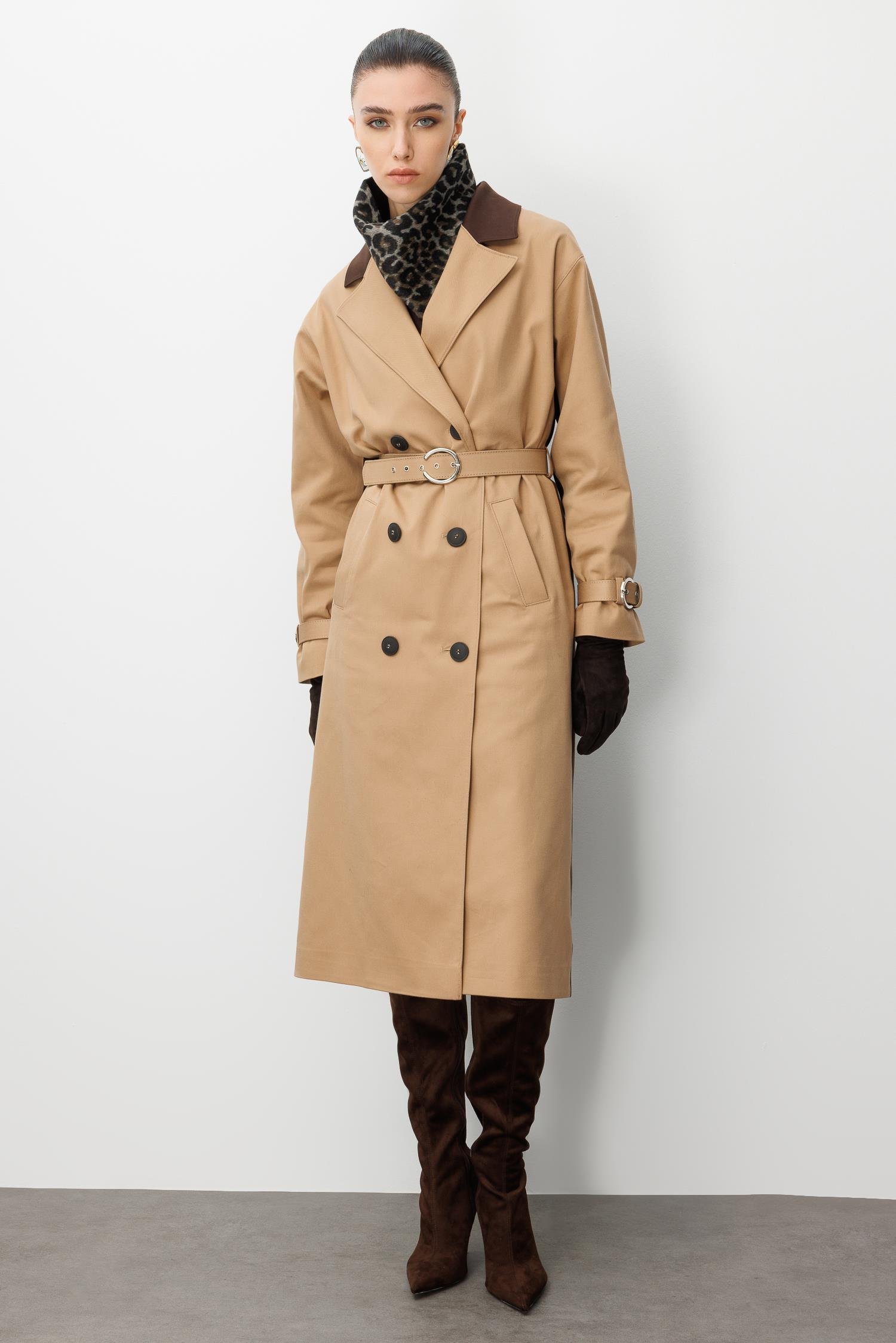 Modailgi  Kumaş Mix Detaylı Kruvaze Kapamalı Kemer Detaylı Oversize Trençkot Camel/Kahve