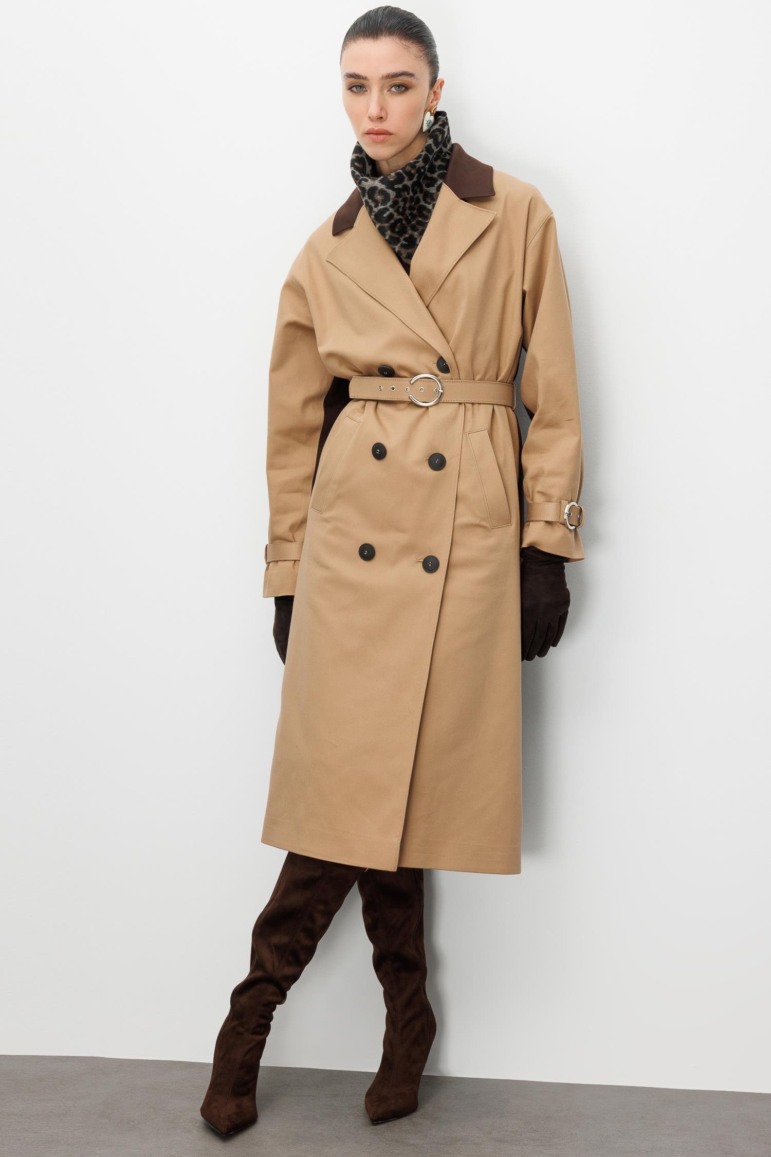 Modailgi  Kumaş Mix Detaylı Kruvaze Kapamalı Kemer Detaylı Oversize Trençkot Camel/Kahve