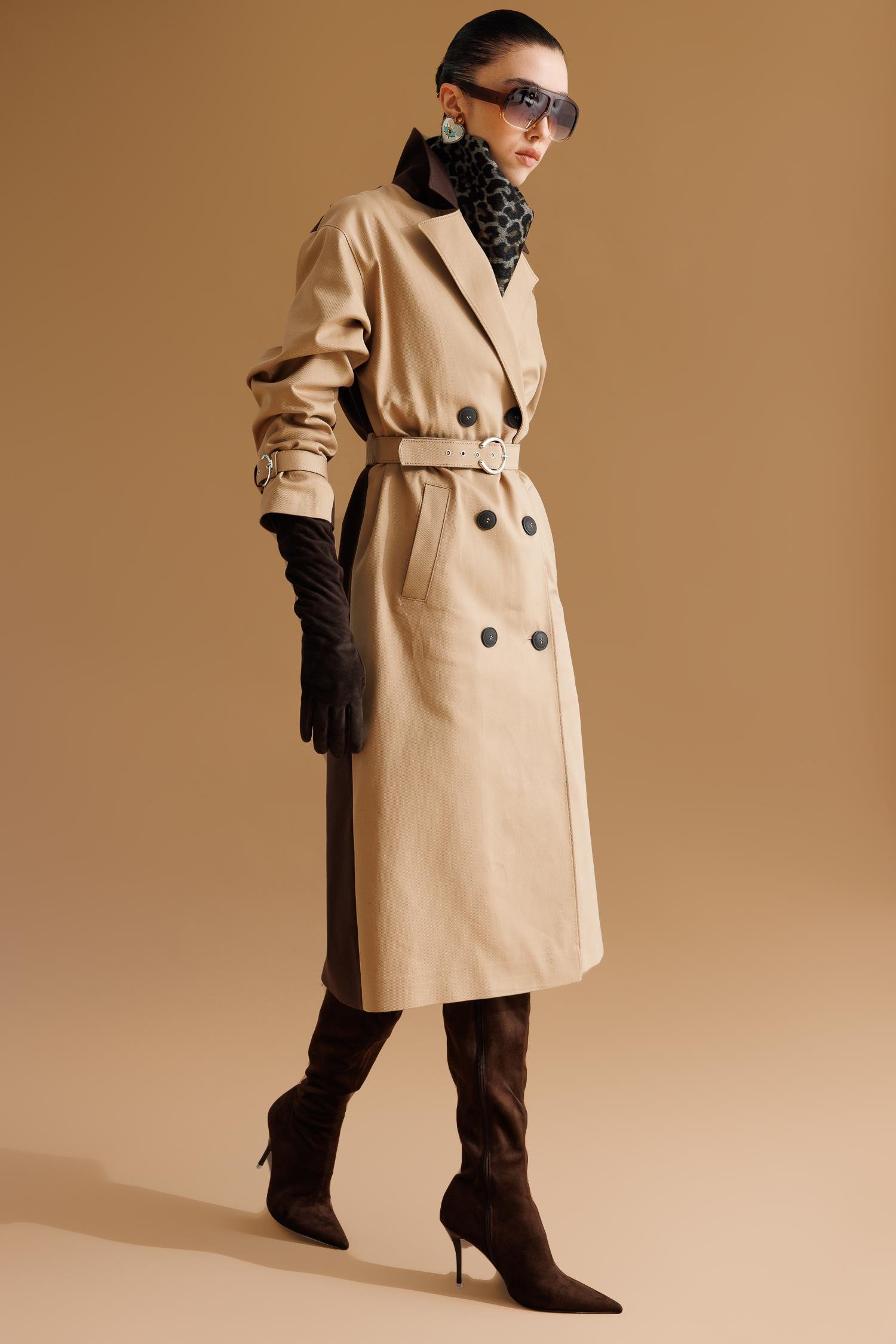 Modailgi  Kumaş Mix Detaylı Kruvaze Kapamalı Kemer Detaylı Oversize Trençkot Camel/Kahve