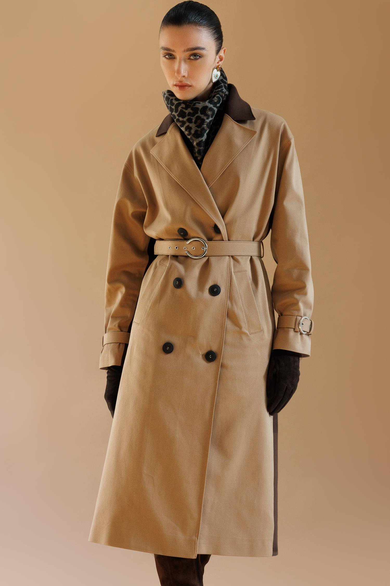 Modailgi  Kumaş Mix Detaylı Kruvaze Kapamalı Kemer Detaylı Oversize Trençkot Camel/Kahve
