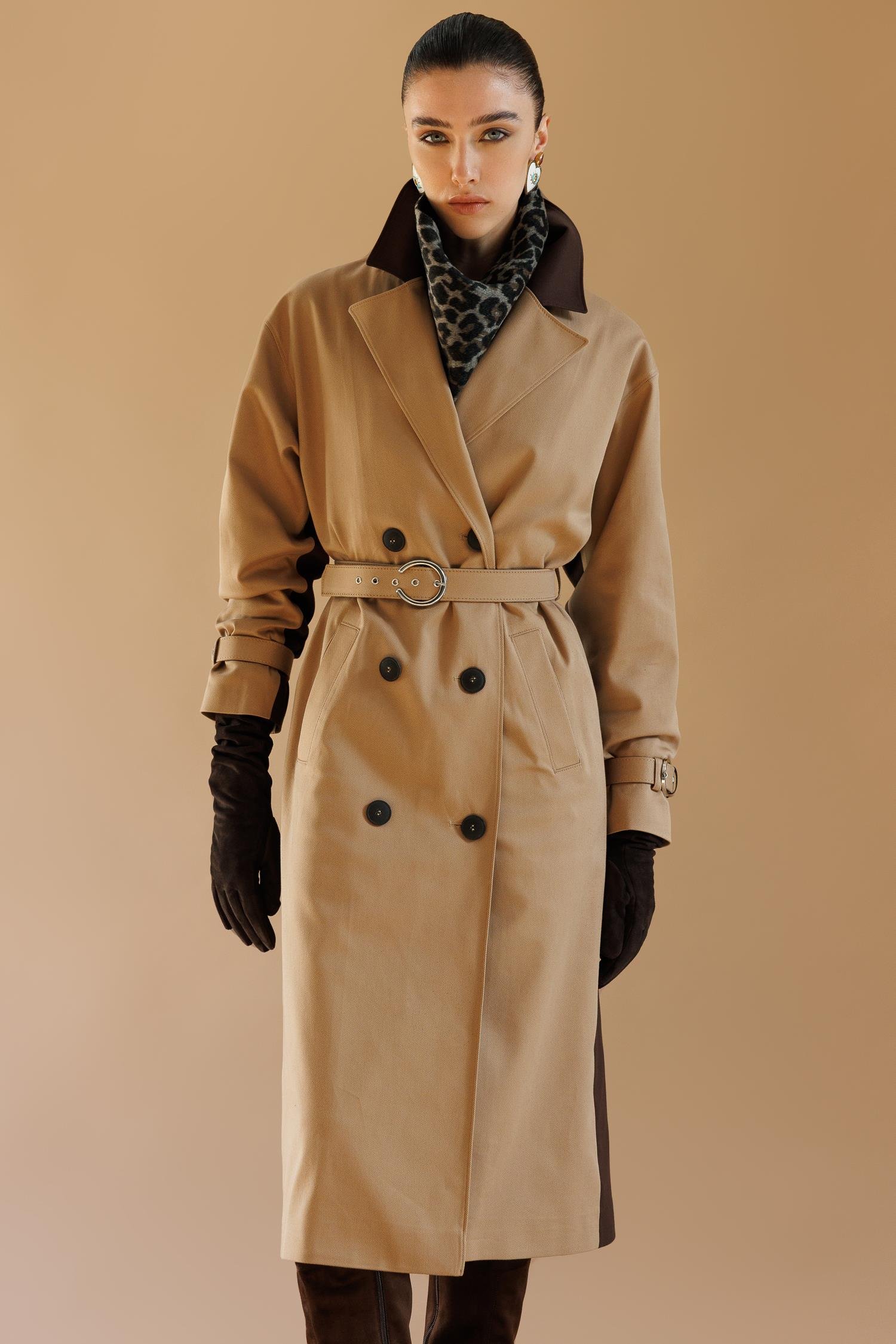 Modailgi  Kumaş Mix Detaylı Kruvaze Kapamalı Kemer Detaylı Oversize Trençkot Camel/Kahve