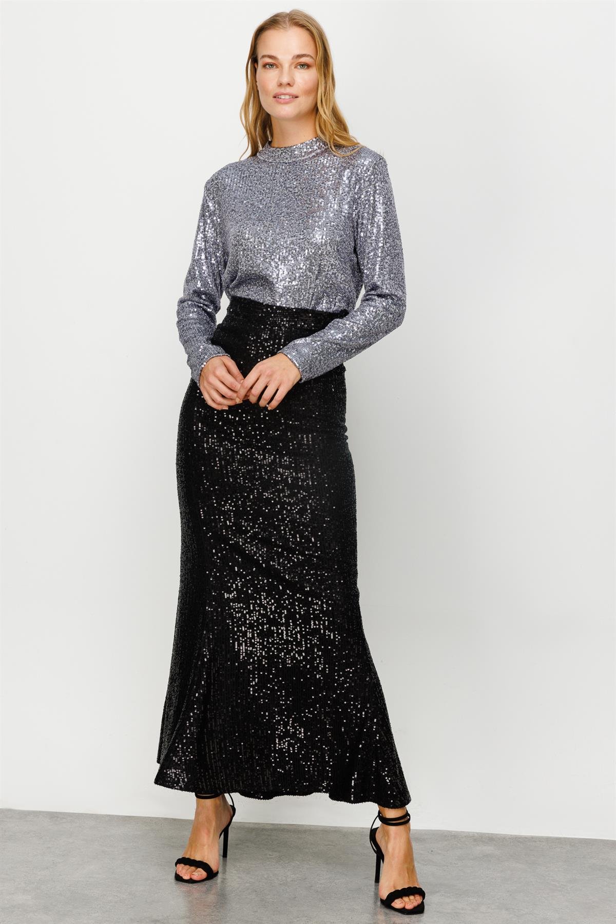 Modailgi  Kuplu Uzun Payet Etek Siyah