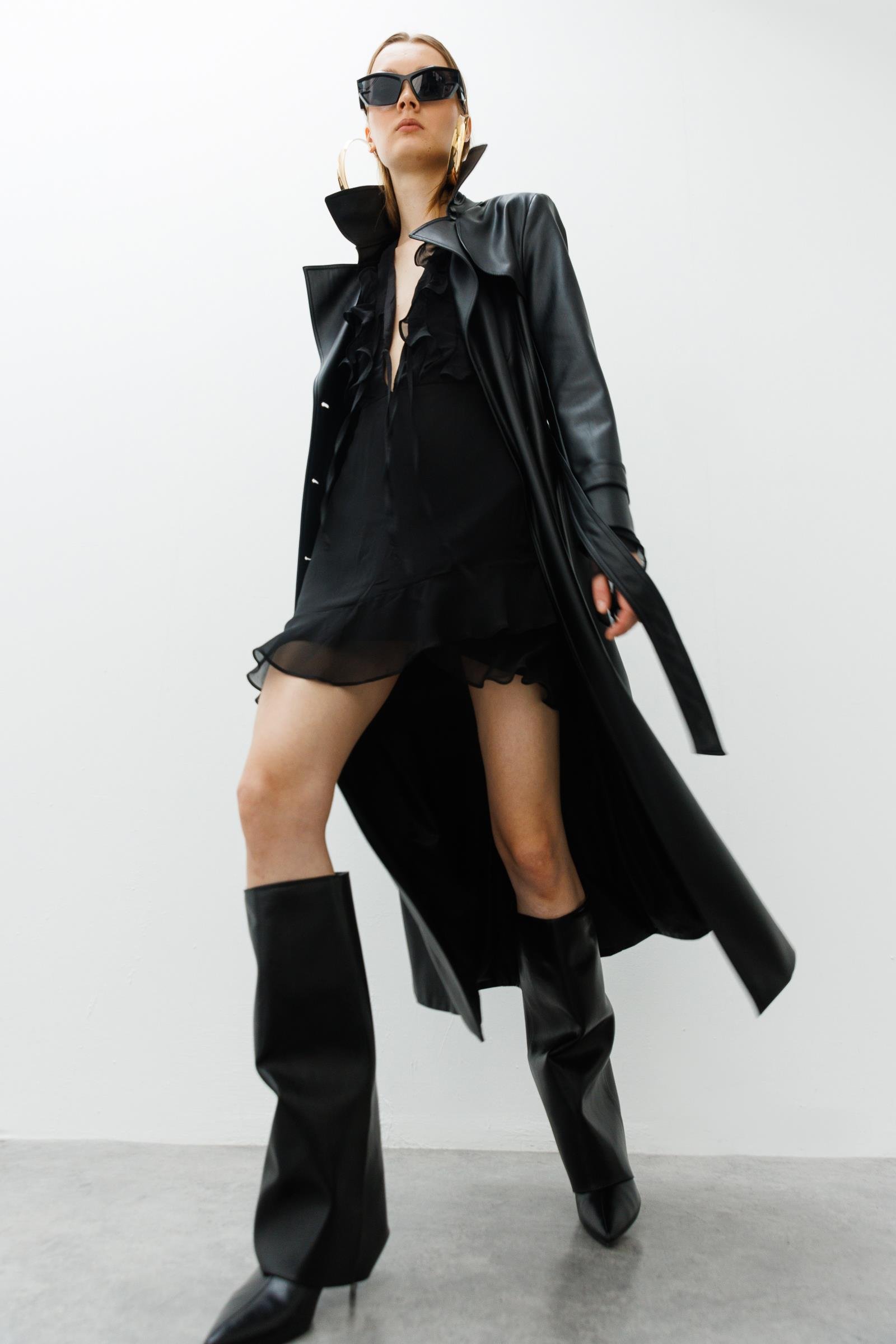 Modailgi  Kuşaklı Deri Trenç Siyah