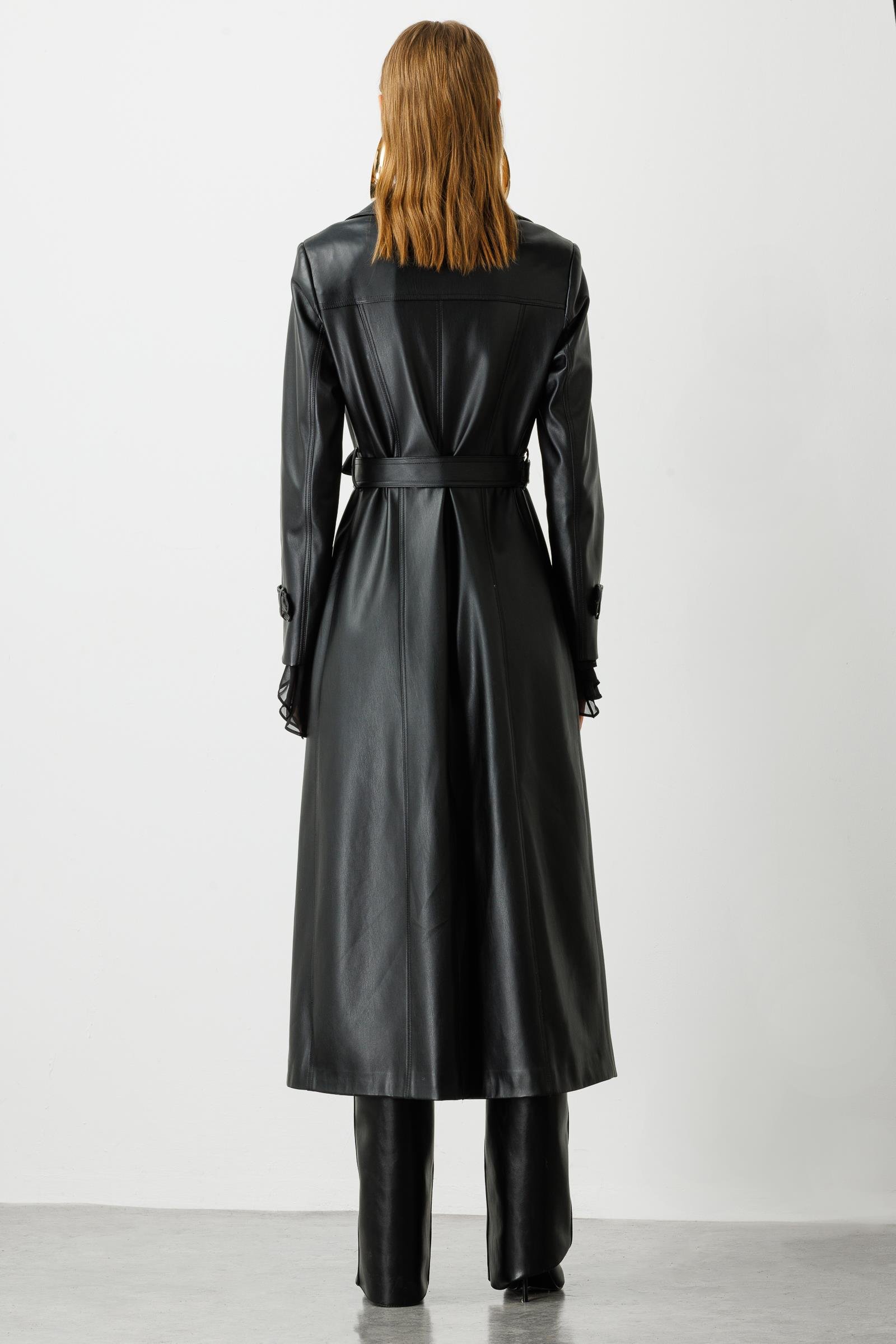 Modailgi  Kuşaklı Deri Trenç Siyah