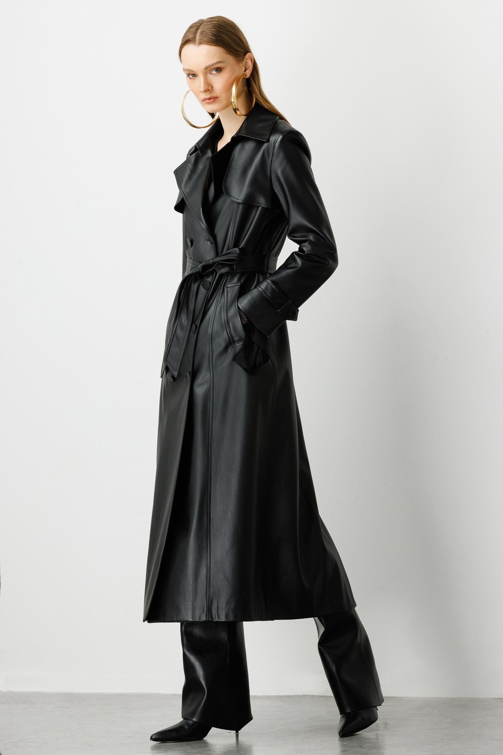 Modailgi  Kuşaklı Deri Trenç Siyah