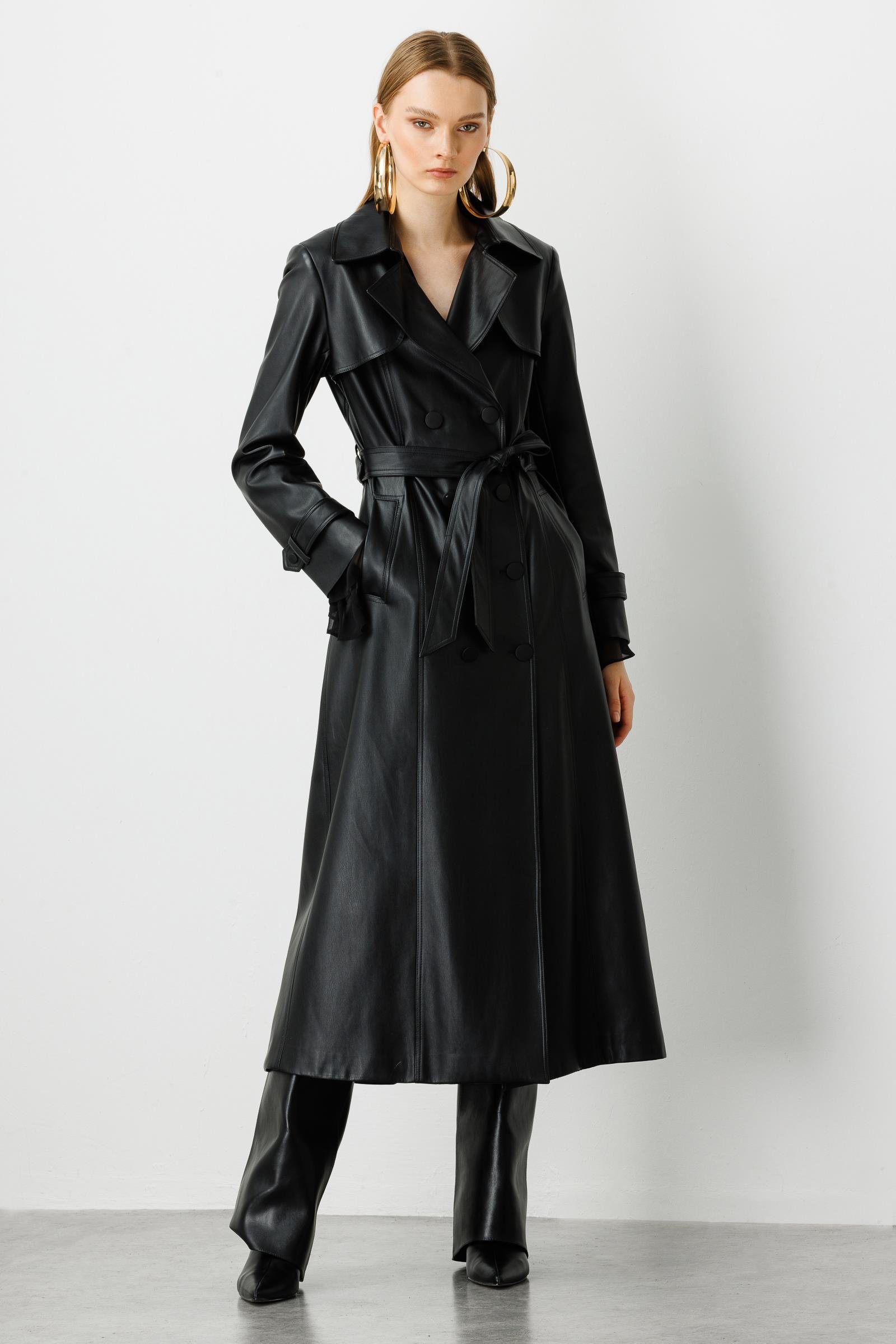 Modailgi  Kuşaklı Deri Trenç Siyah