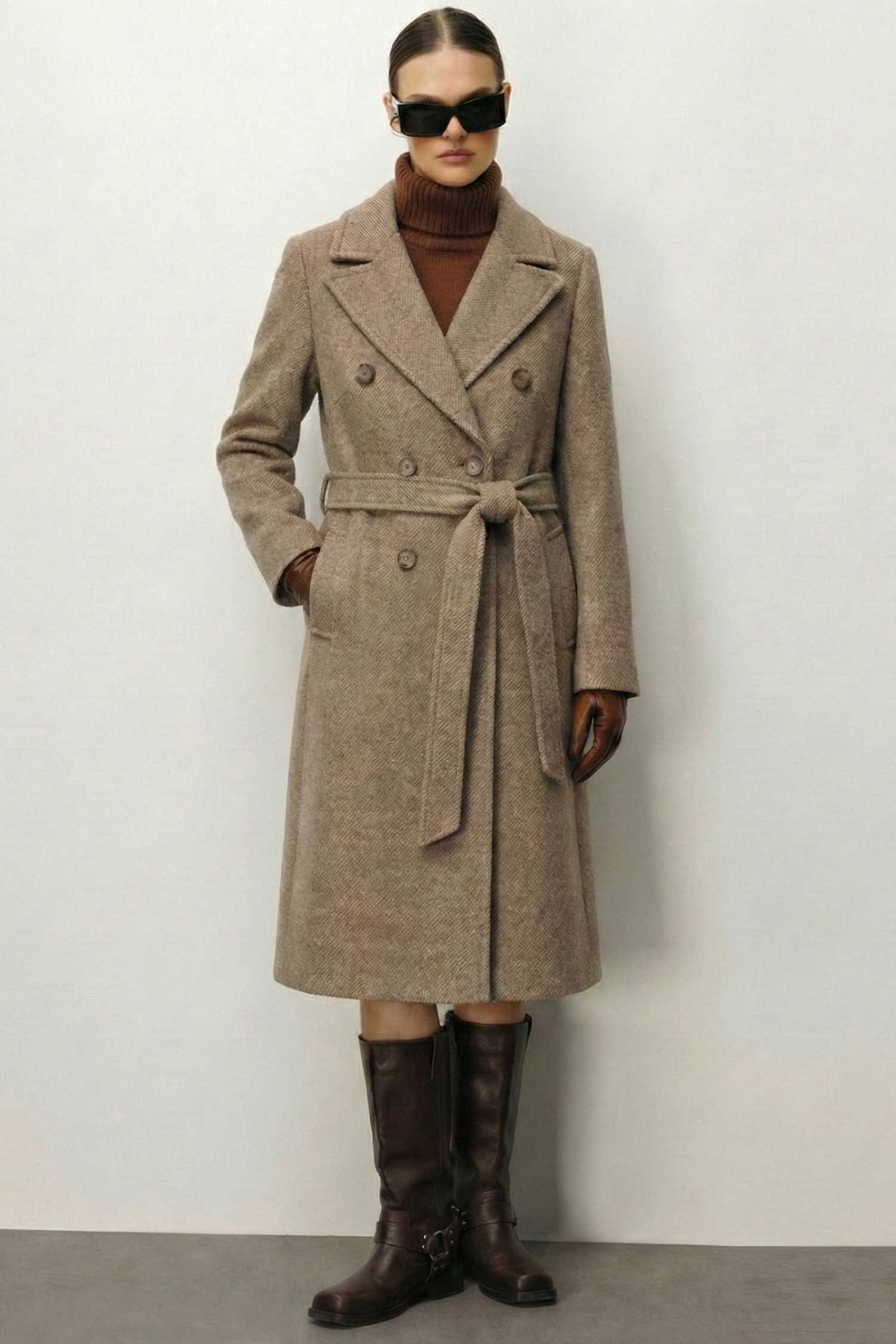 Modailgi  Kuşaklı Diyagonal Çizgili Kruvaze Kaban Vizon