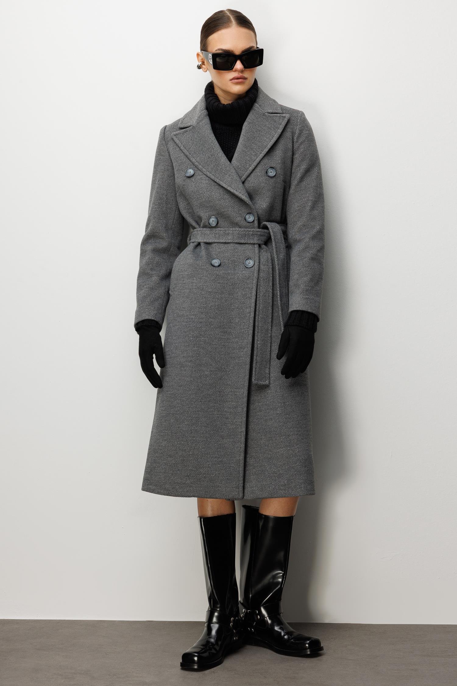 Modailgi  Kuşaklı Diyagonal Çizgili Kruvaze Kaban Gri