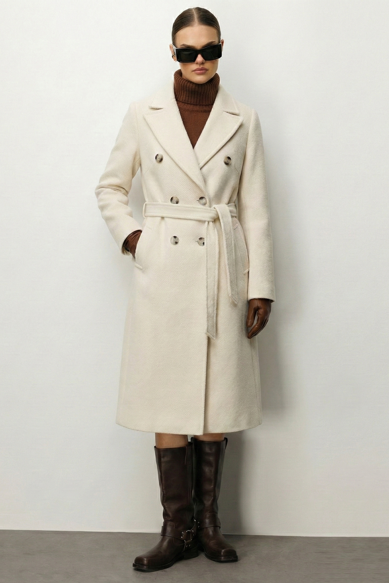 Modailgi  Kuşaklı Diyagonal Çizgili Kruvaze Kaban Bej