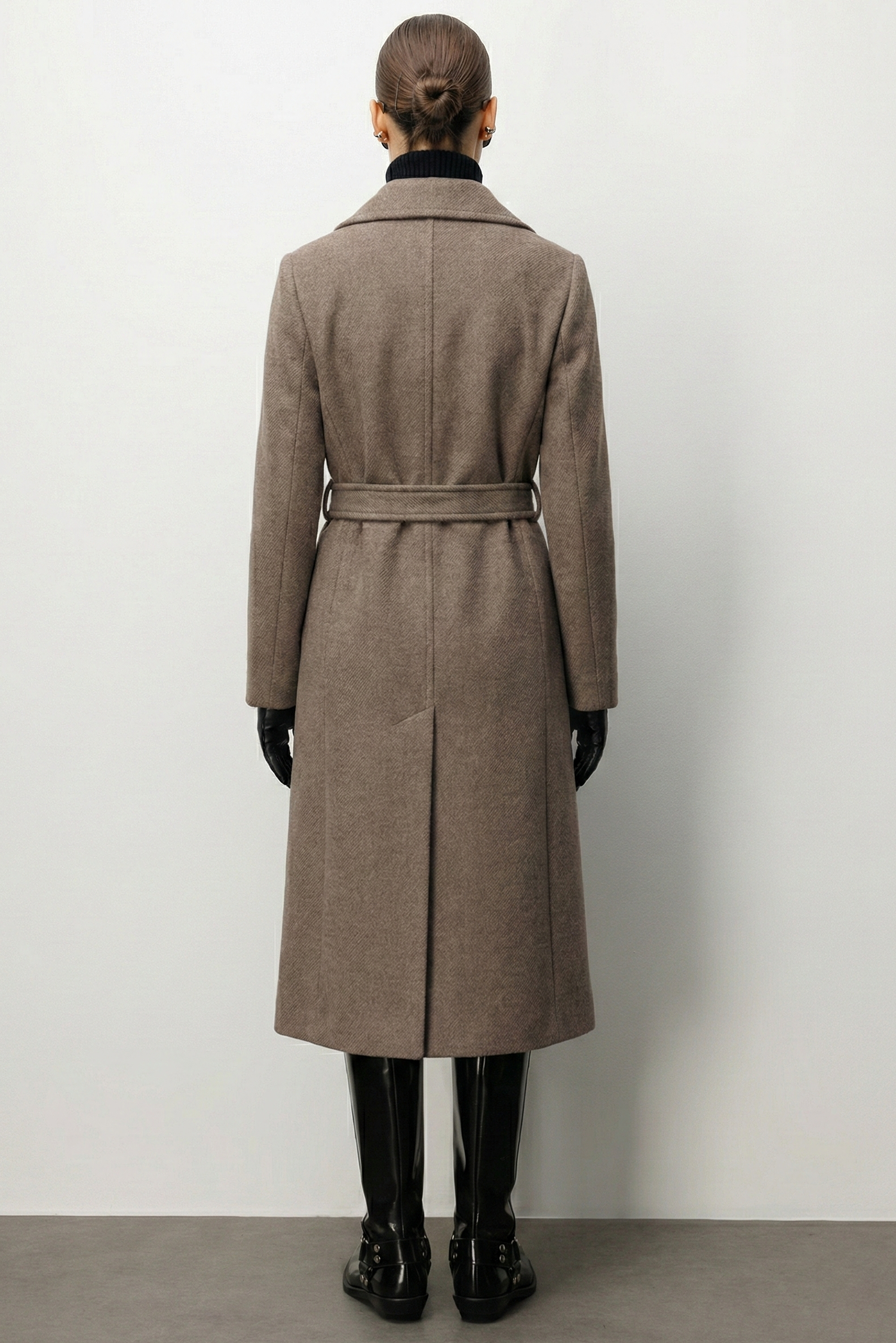 Modailgi  Kuşaklı Diyagonal Çizgili Kruvaze Kaban Kahve