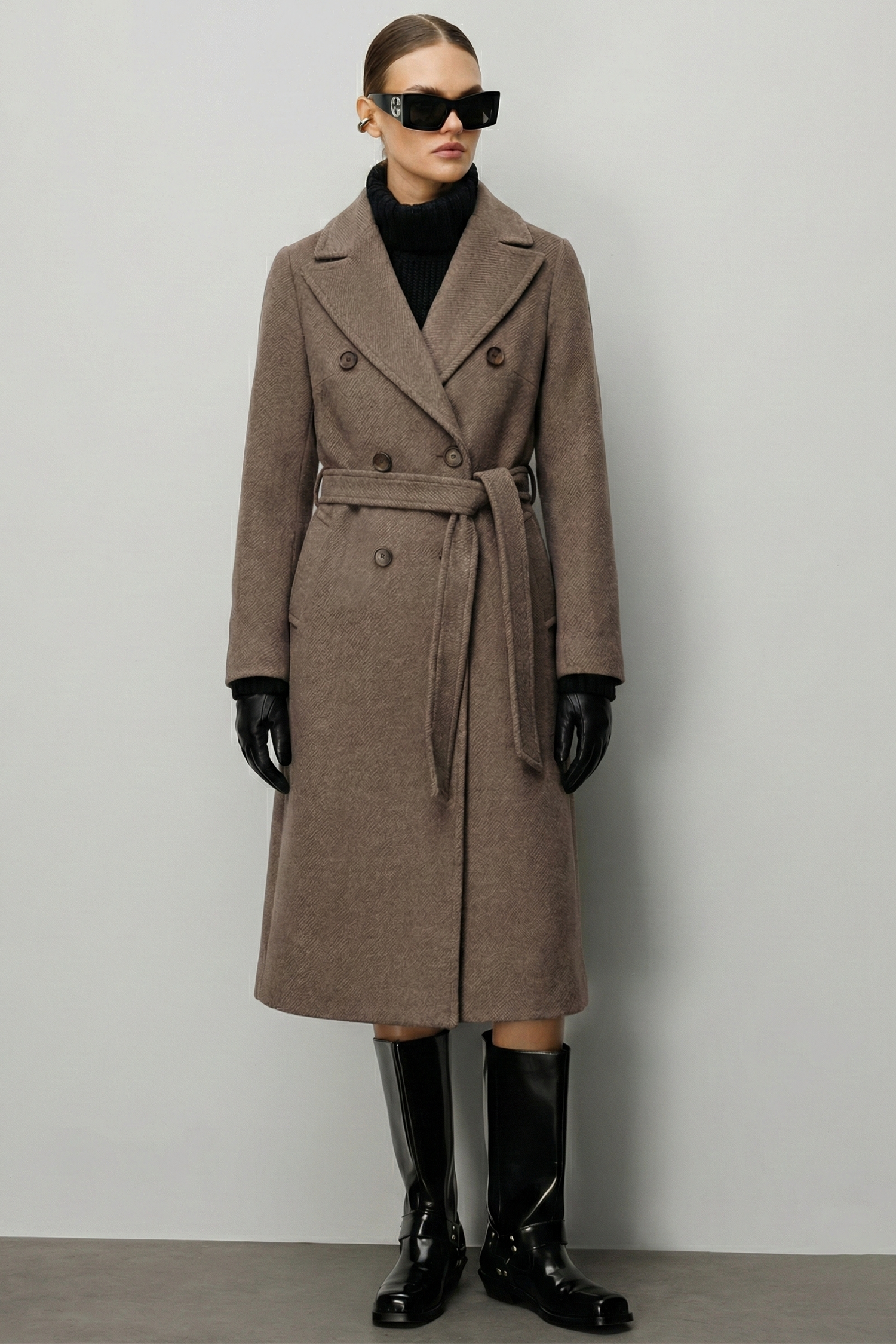 Modailgi  Kuşaklı Diyagonal Çizgili Kruvaze Kaban Kahve