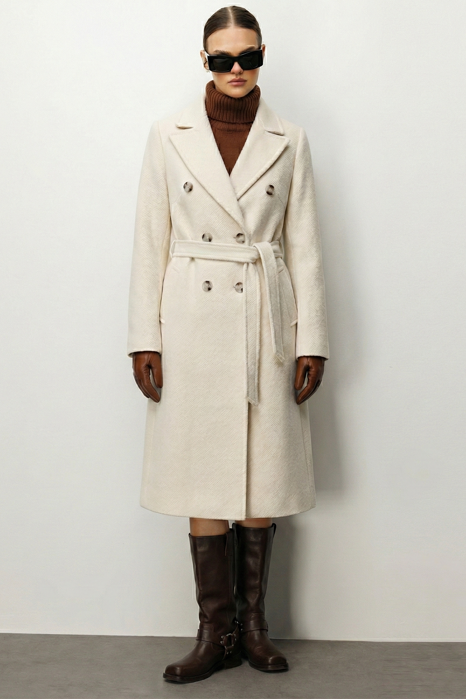 Modailgi  Kuşaklı Diyagonal Çizgili Kruvaze Kaban Bej