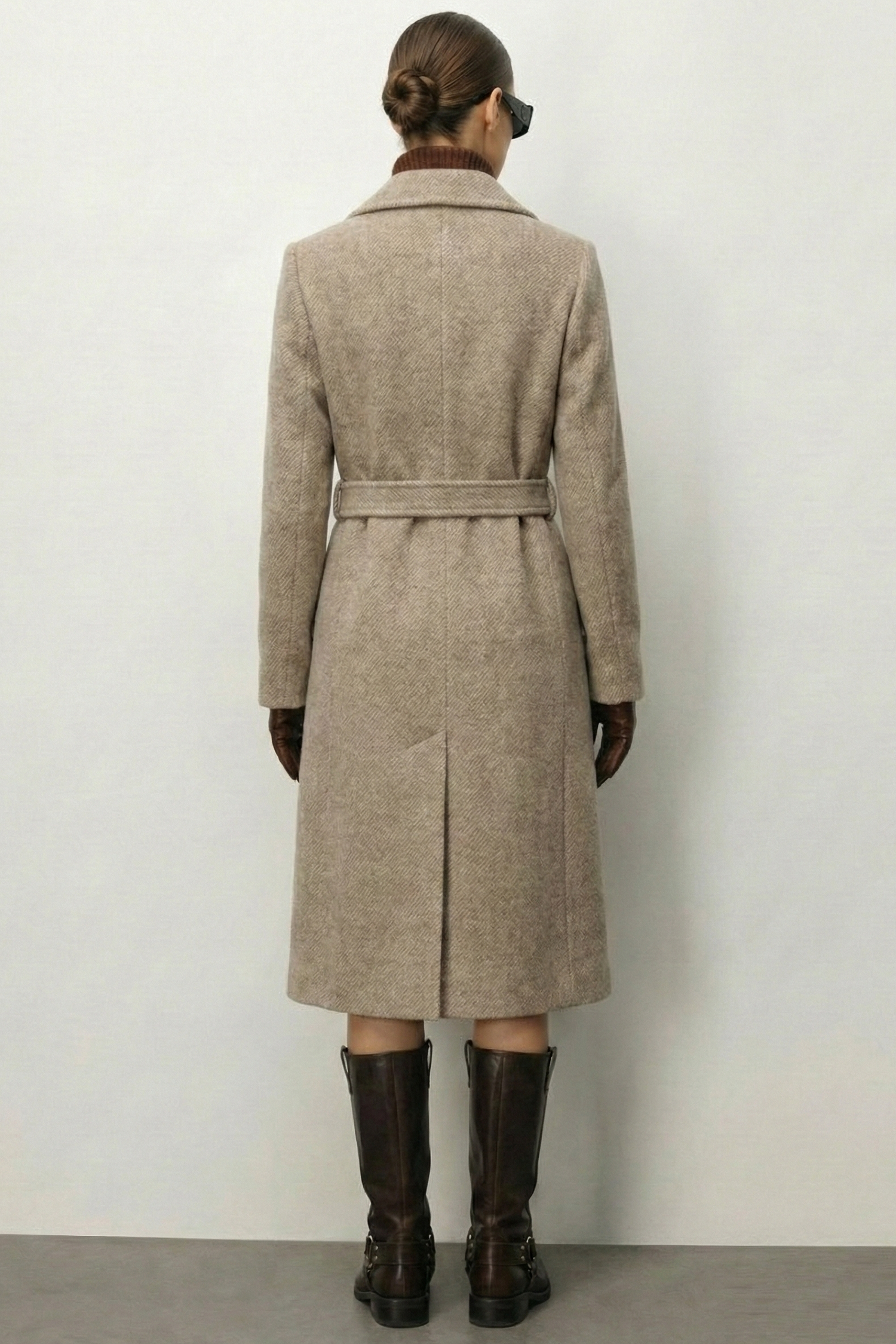 Modailgi  Kuşaklı Diyagonal Çizgili Kruvaze Kaban Vizon